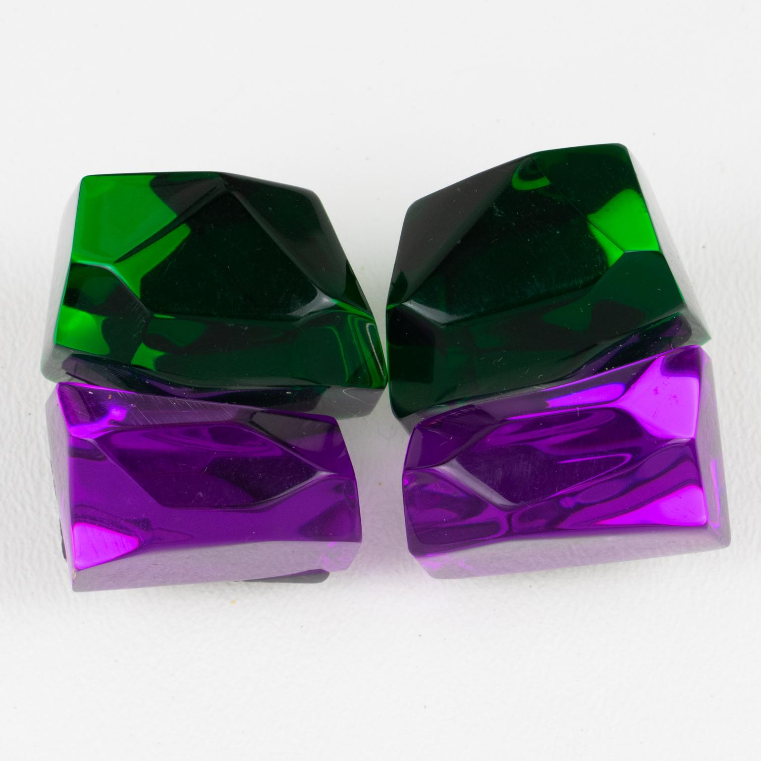 Kaso Oversized Purple and Green Ice Cube Lucite Clip Earrings In Excellent Condition For Sale In Atlanta, GA