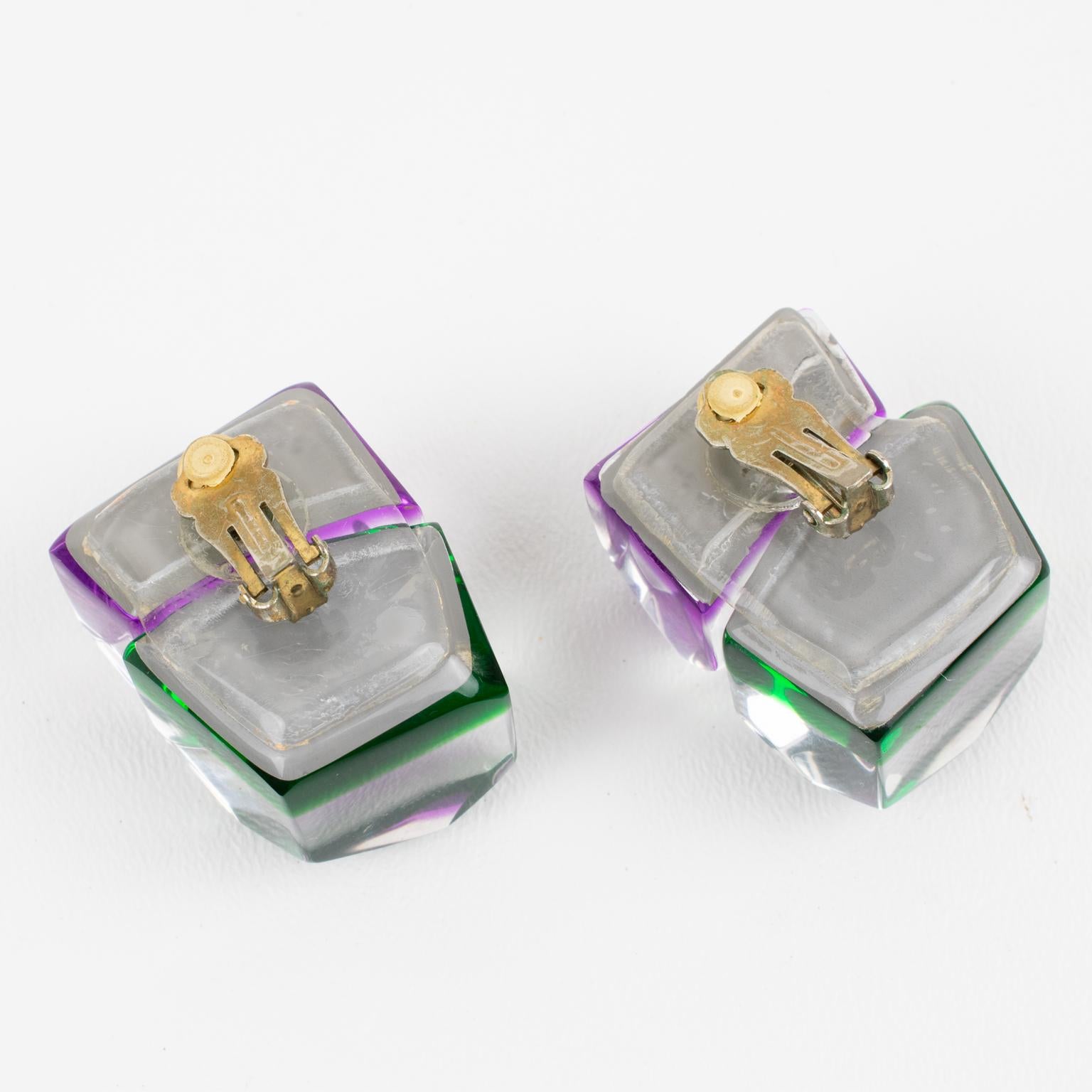 Women's or Men's Kaso Oversized Purple and Green Ice Cube Lucite Clip Earrings For Sale