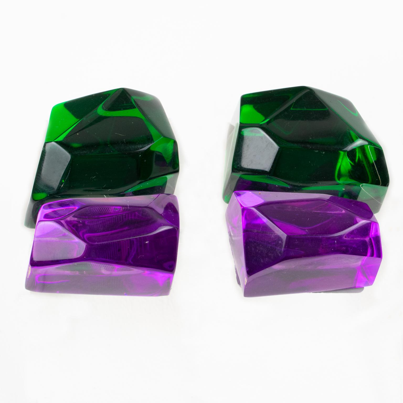 Kaso Oversized Purple and Green Ice Cube Lucite Clip Earrings For Sale 1