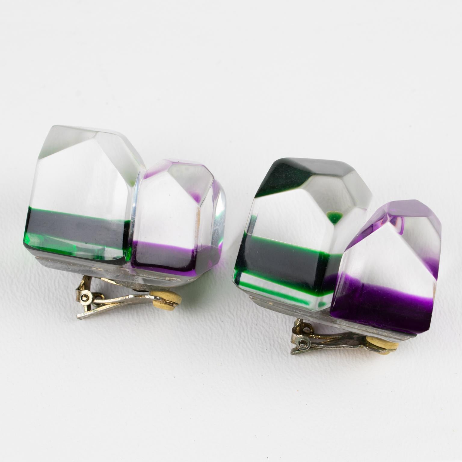 Kaso Oversized Purple and Green Ice Cube Lucite Clip Earrings For Sale 2
