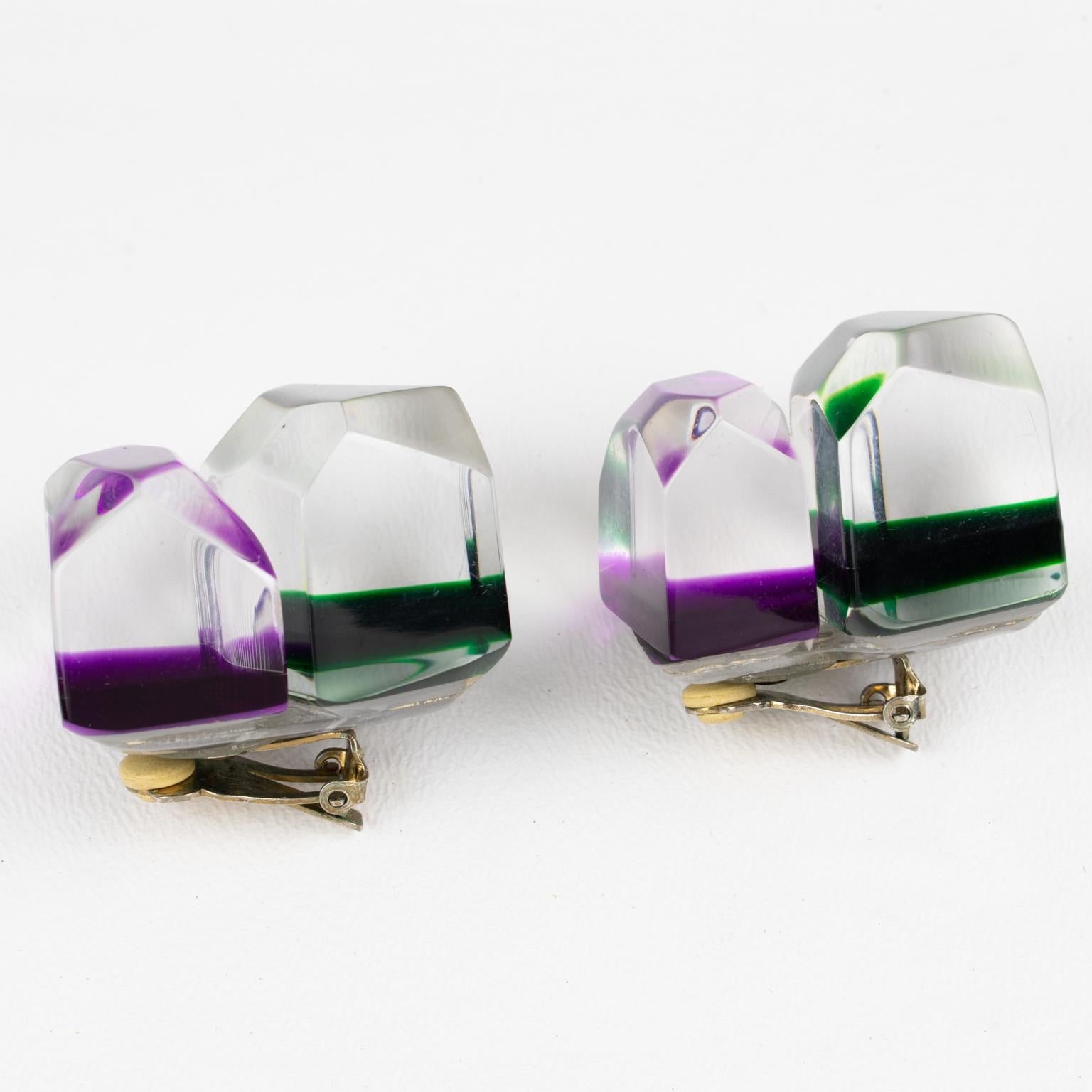Kaso Oversized Purple and Green Ice Cube Lucite Clip Earrings For Sale 3