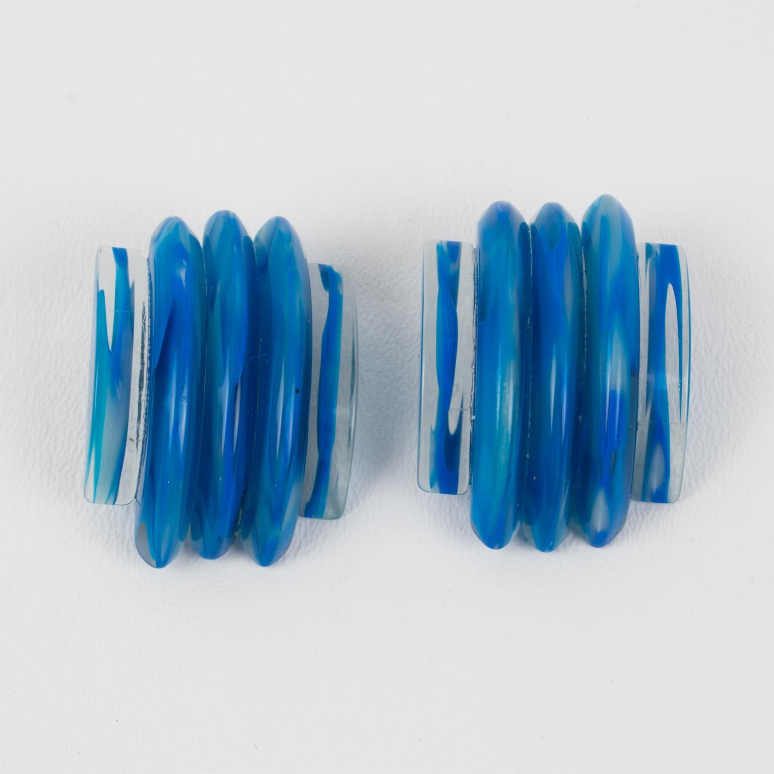 Modernist Kaso Oversized Striped Cobalt Blue Lucite Clip Earrings