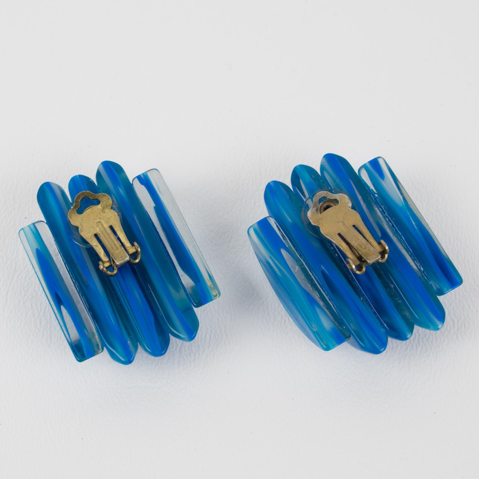 Kaso Oversized Striped Cobalt Blue Lucite Clip Earrings In Excellent Condition In Atlanta, GA