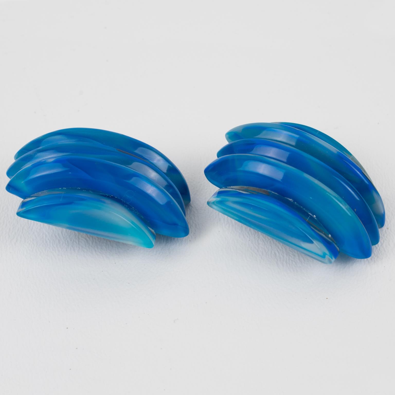 Kaso Oversized Striped Cobalt Blue Lucite Clip Earrings 1