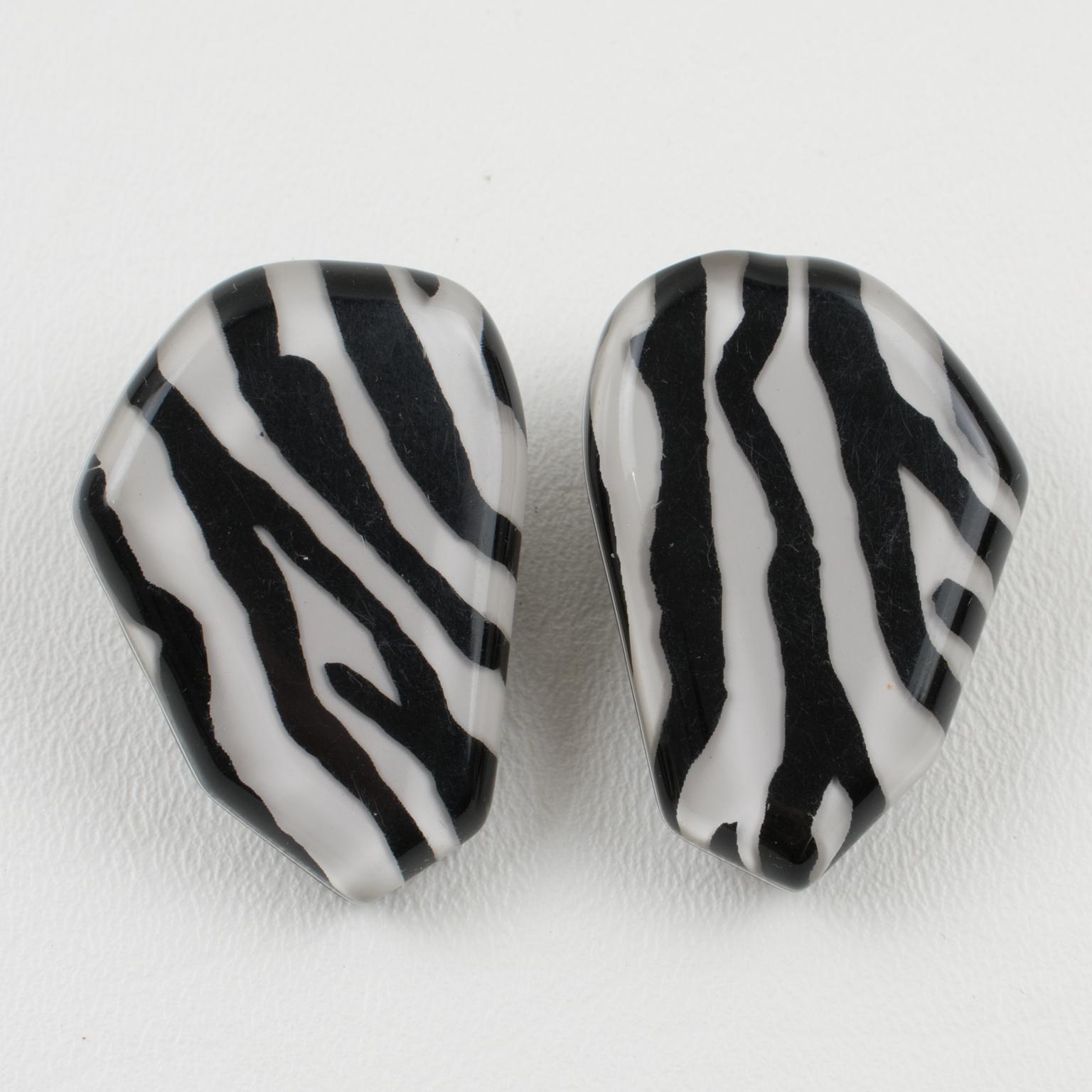 Modernist Kaso Oversized Zebra Black and White Lucite Clip Earrings