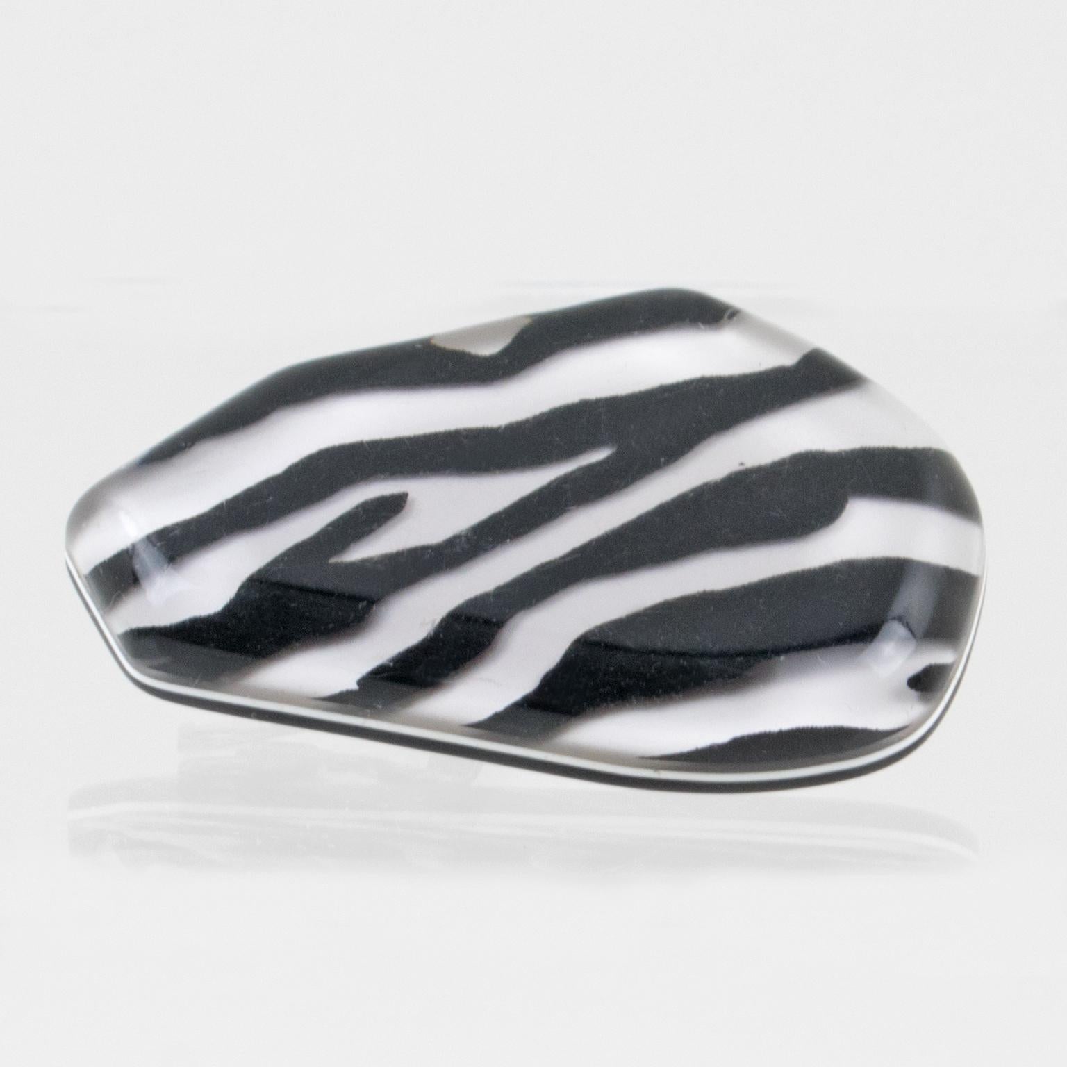 Women's or Men's Kaso Oversized Zebra Black and White Lucite Clip Earrings