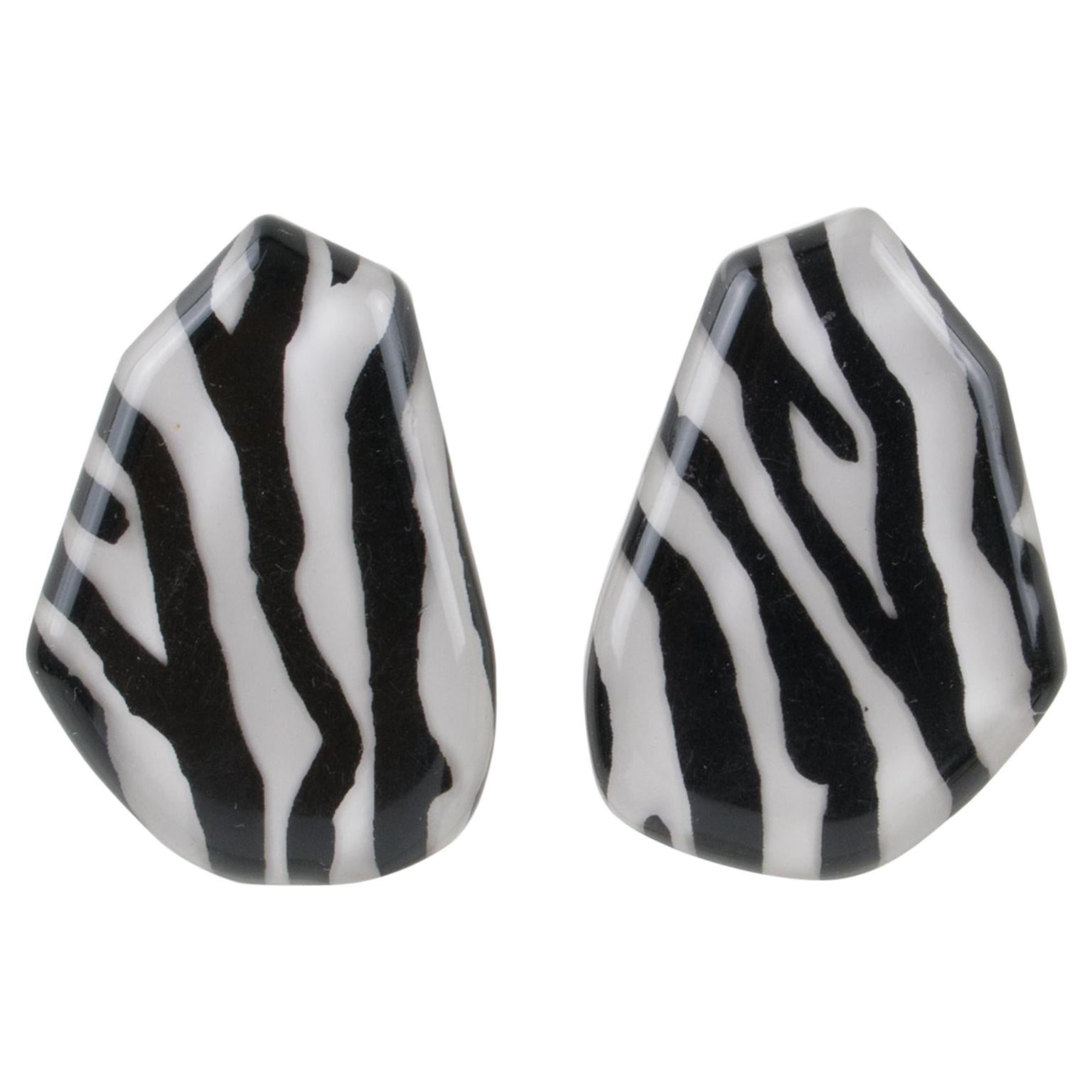 Kaso Oversized Zebra Black and White Lucite Clip Earrings