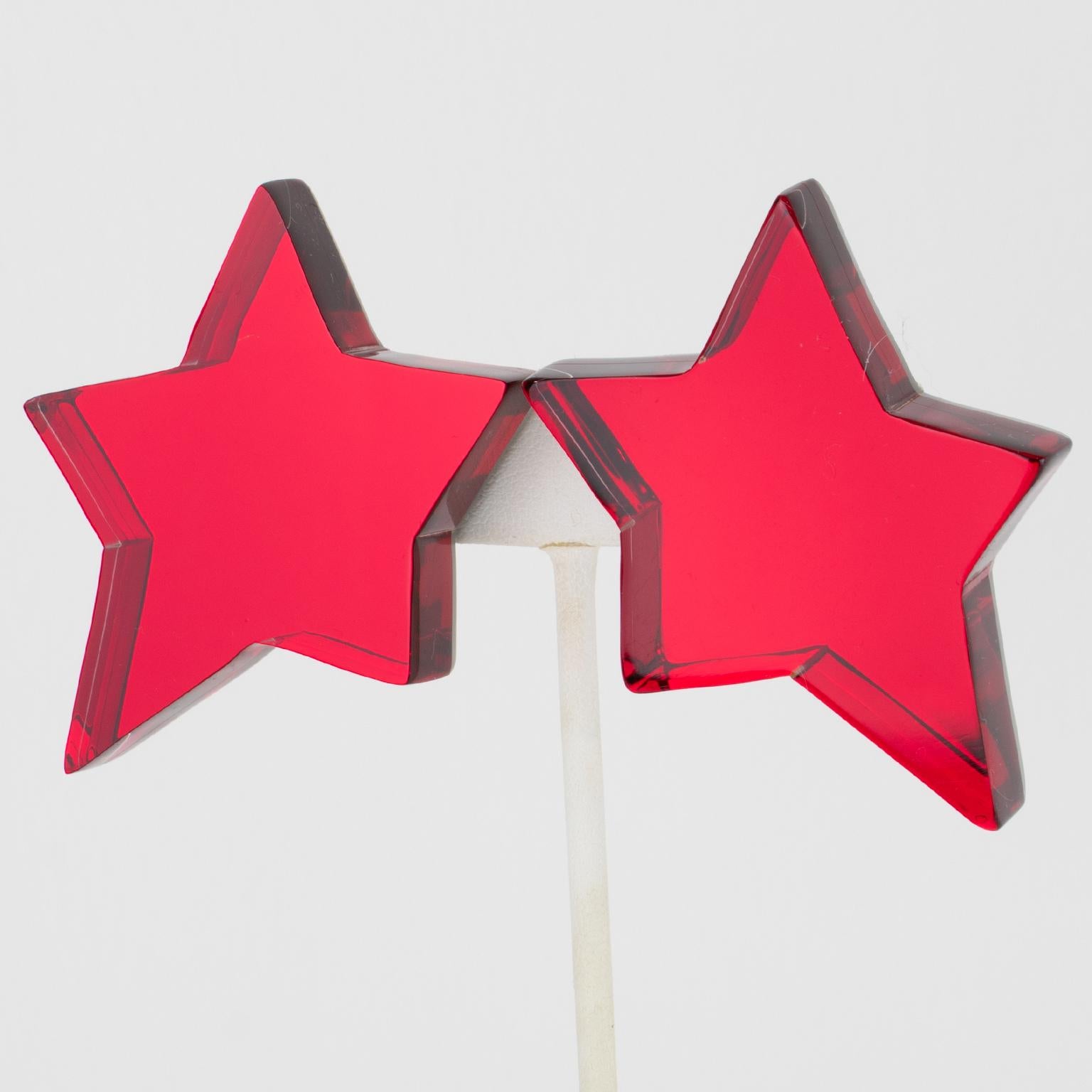 Kaso Oxblood Red Acrylic Lucite Star Clip Earrings For Sale 3