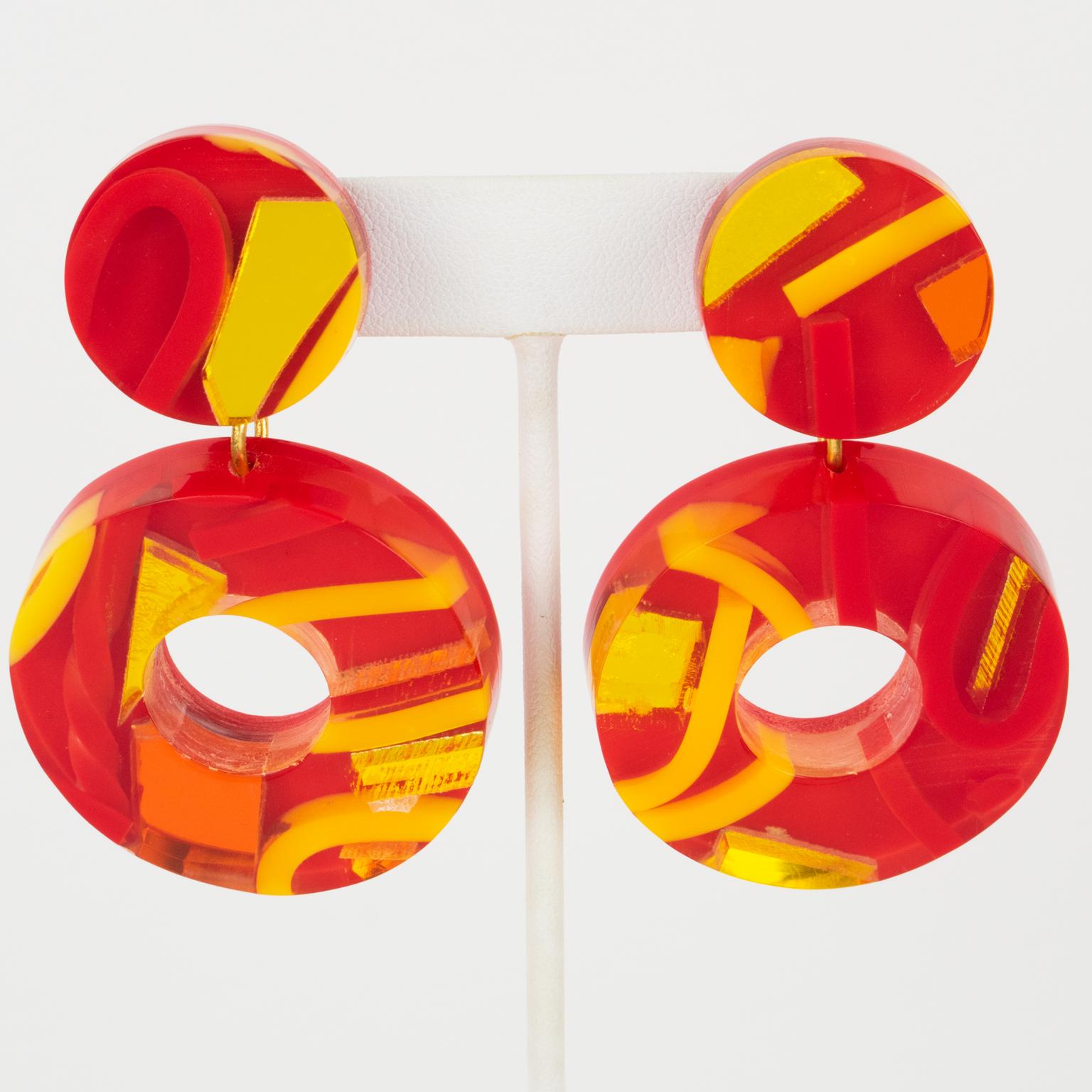 Kaso Resin Donut Clip Earrings in Red, Orange and Yellow For Sale 2