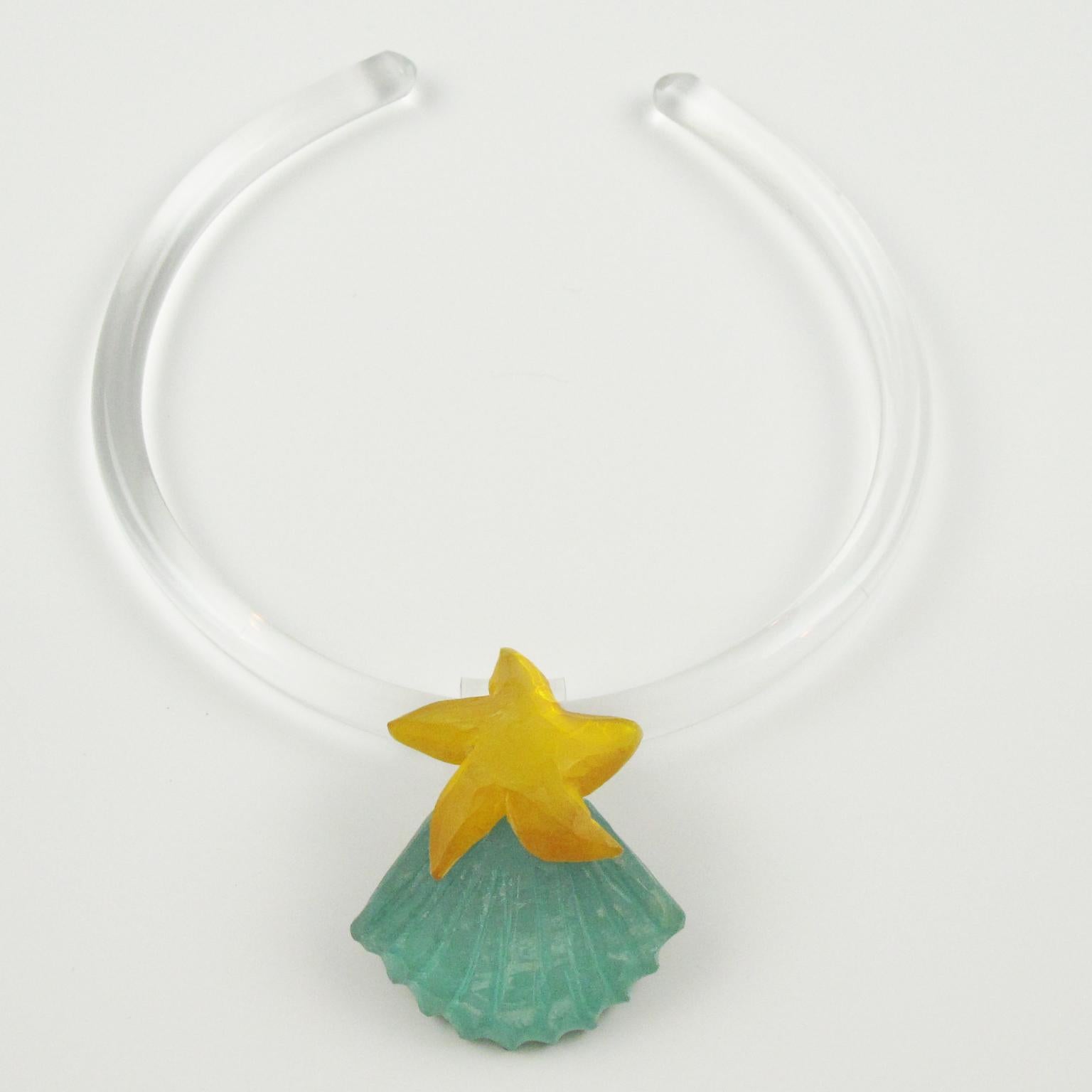 Modern Kaso Rigid Lucite Choker Necklace Green Yellow Shell and Starfish For Sale