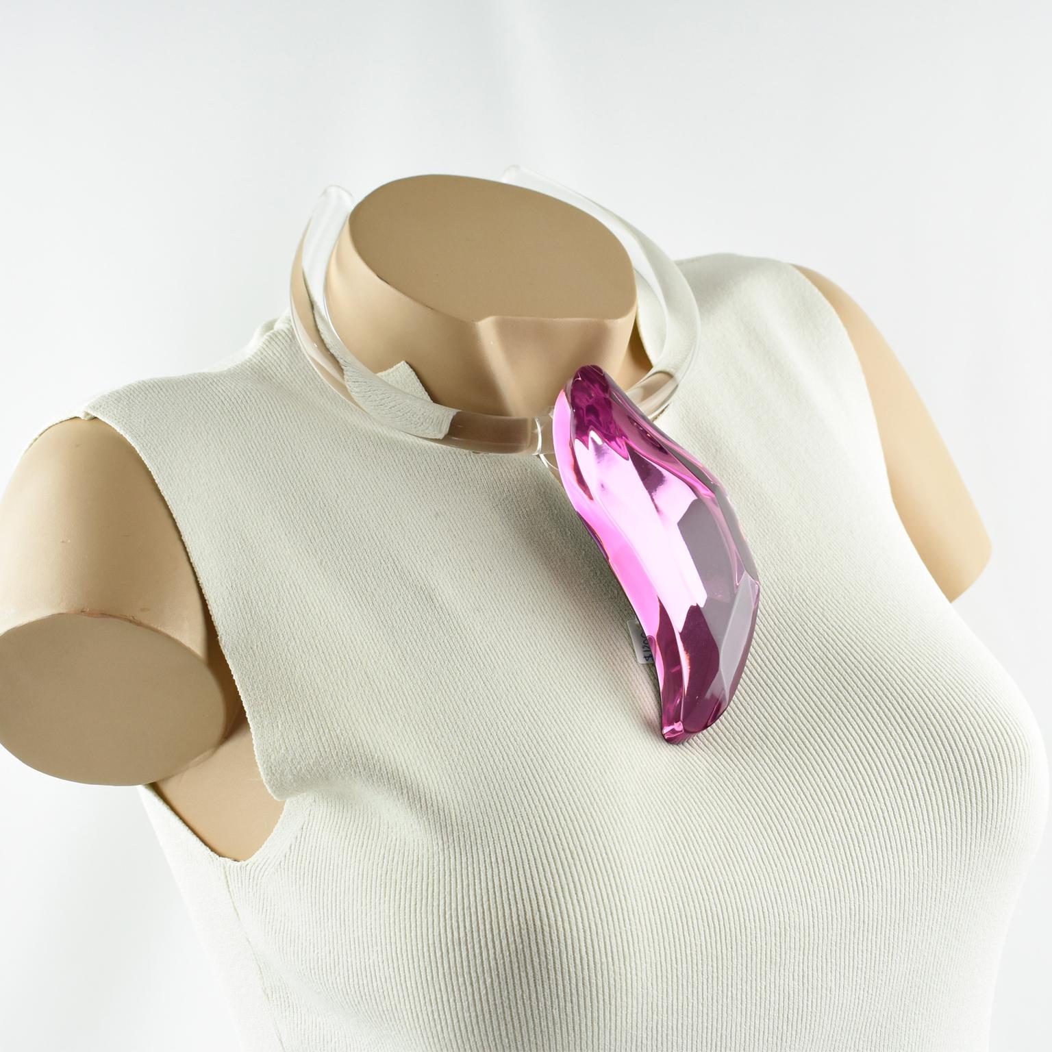 Modernist Kaso Sculptural Pink Lucite Rigid Choker Pendant Necklace For Sale