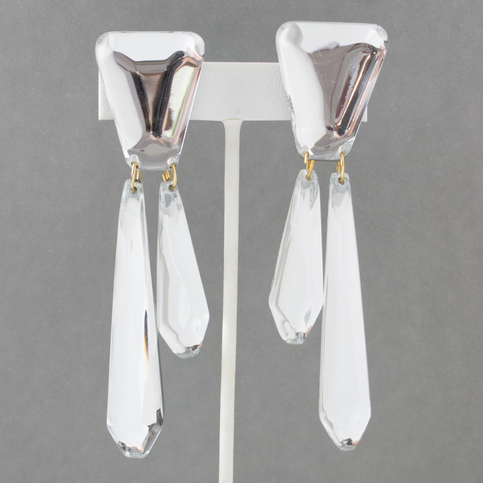 Modern Kaso Silver Mirror Lucite Dangle Clip Earrings For Sale