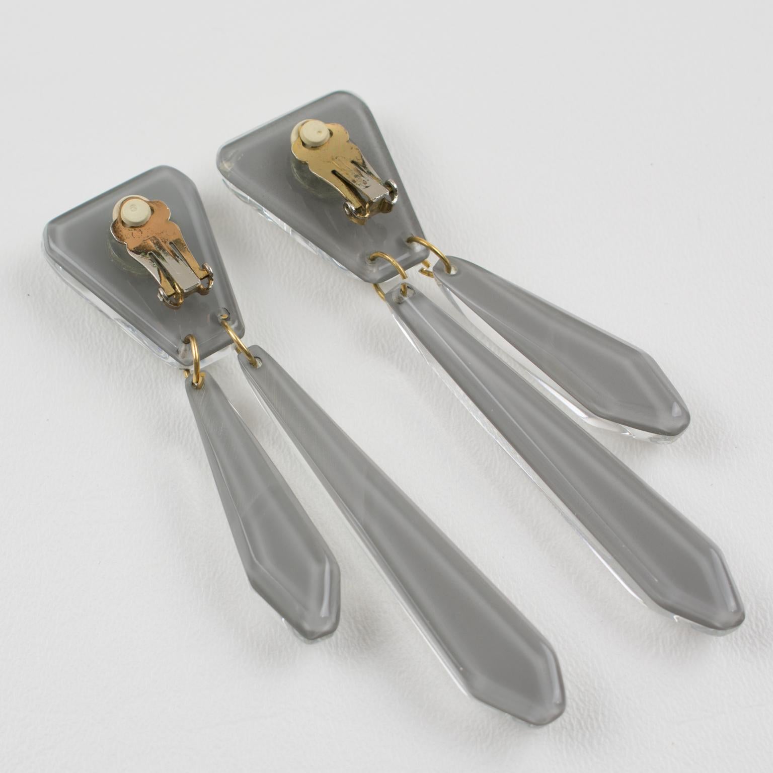 Women's or Men's Kaso Silver Mirror Lucite Dangle Clip Earrings For Sale