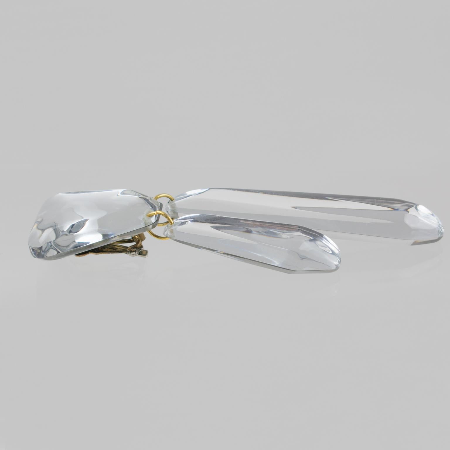 Kaso Silver Mirror Lucite Dangle Clip Earrings For Sale 1