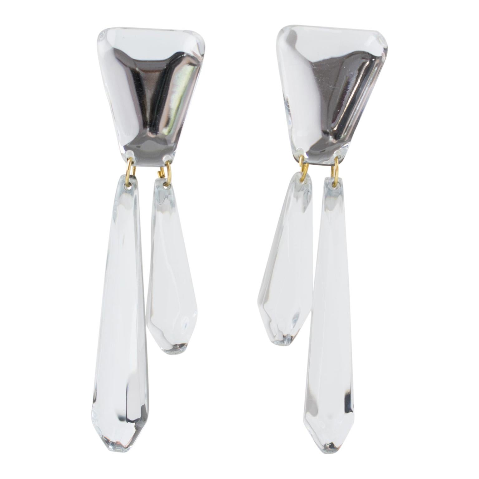 Kaso Silver Mirror Lucite Dangle Clip Earrings For Sale