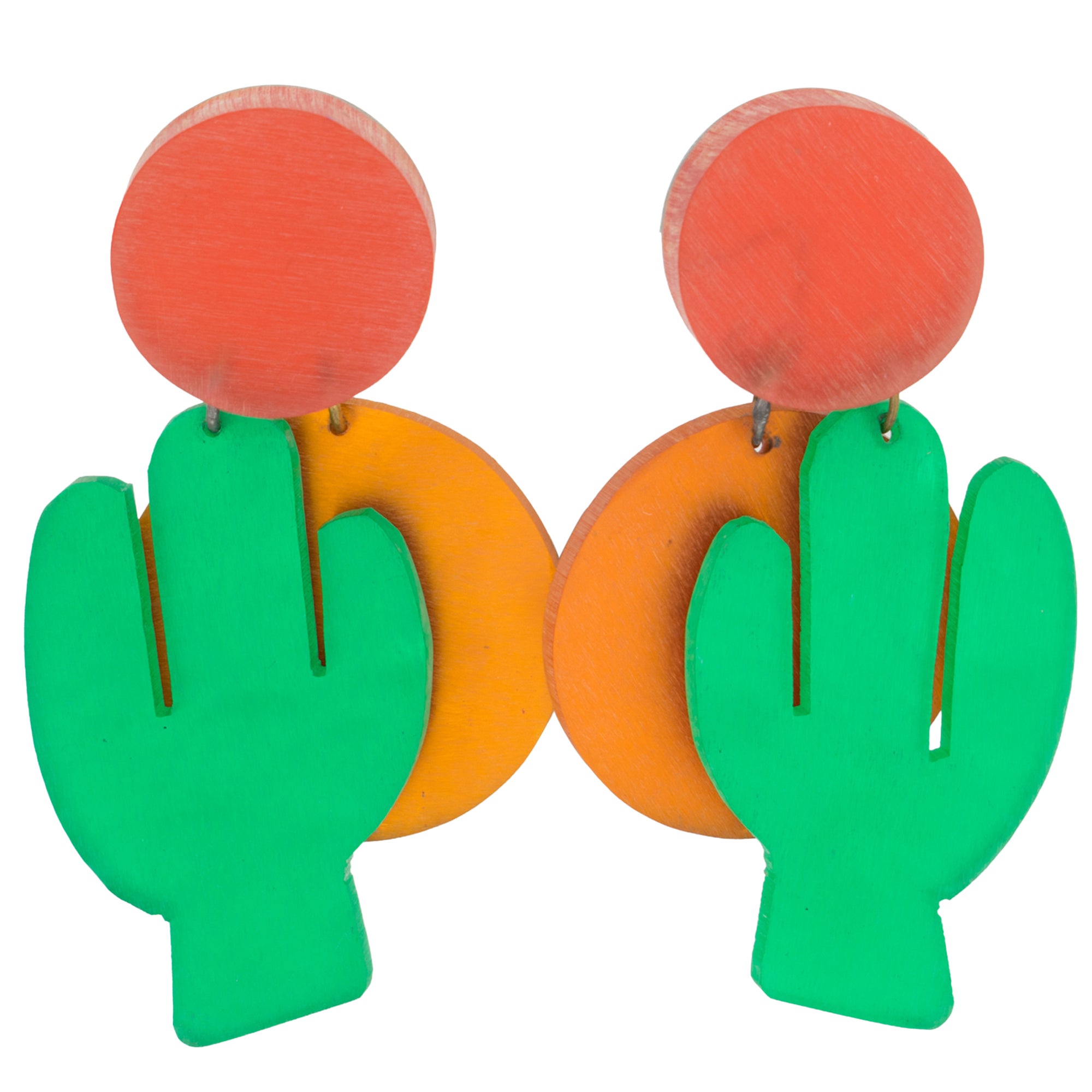 Kaso Tri-color Acrylic Lucite Clip Earrings Dangling Cactus and Sun