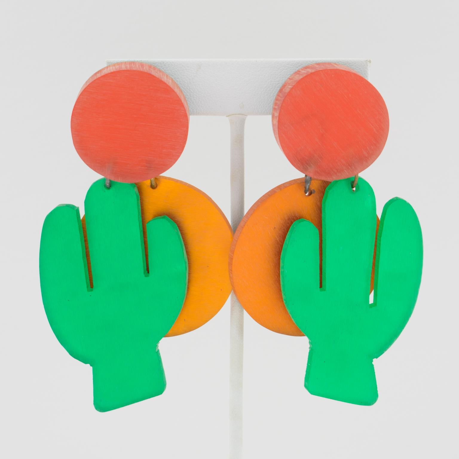 Kaso Tri-color Clip Earrings Cactus and Sun For Sale 1
