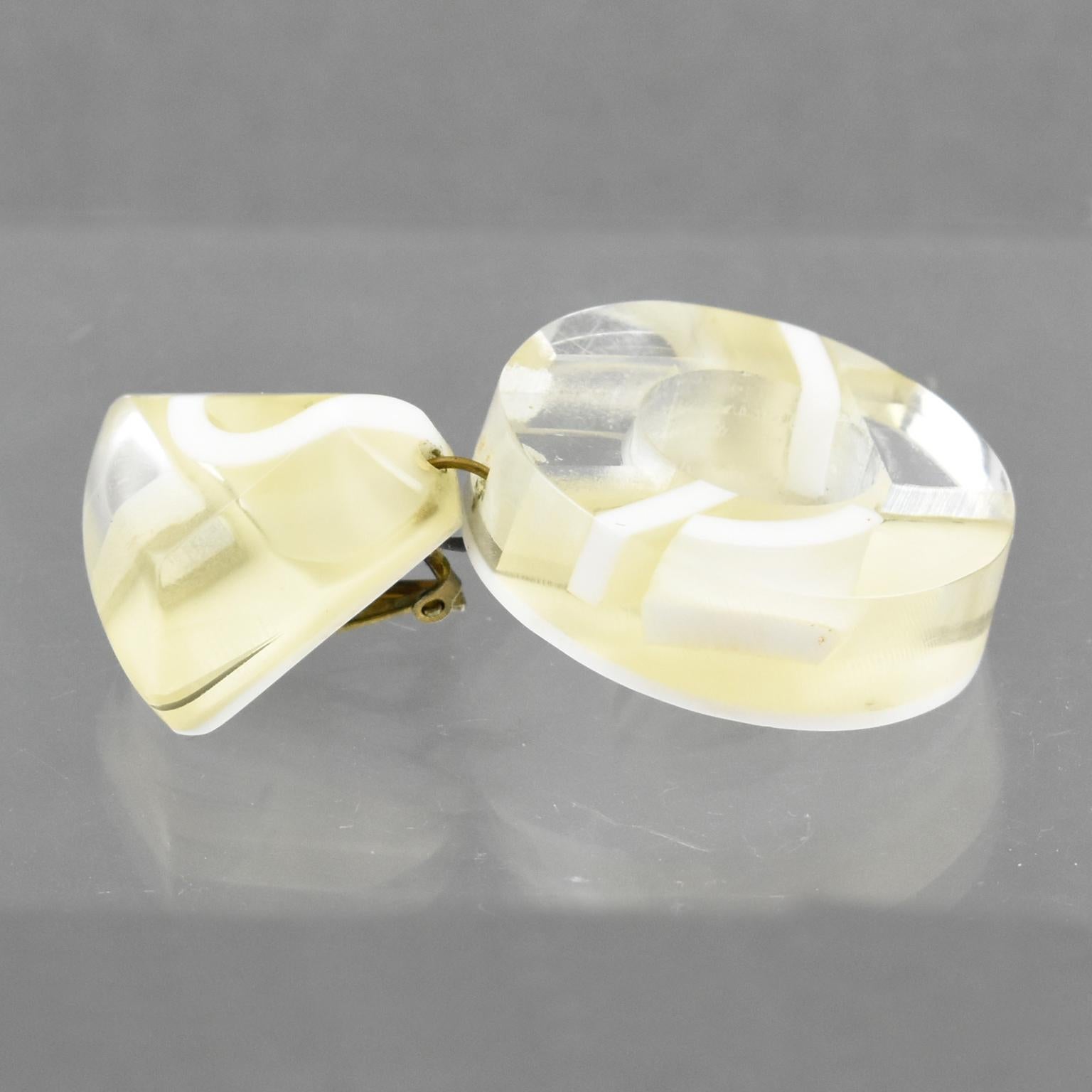 Kaso White Frosted and Mirror Effect Lucite Dangle Clip Earrings For Sale 2