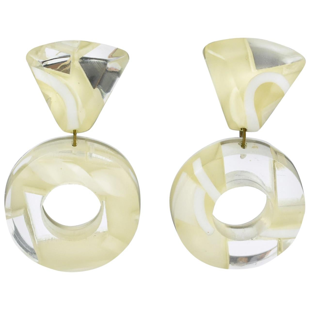 Kaso White Frosted and Mirror Effect Lucite Dangle Clip Earrings For Sale