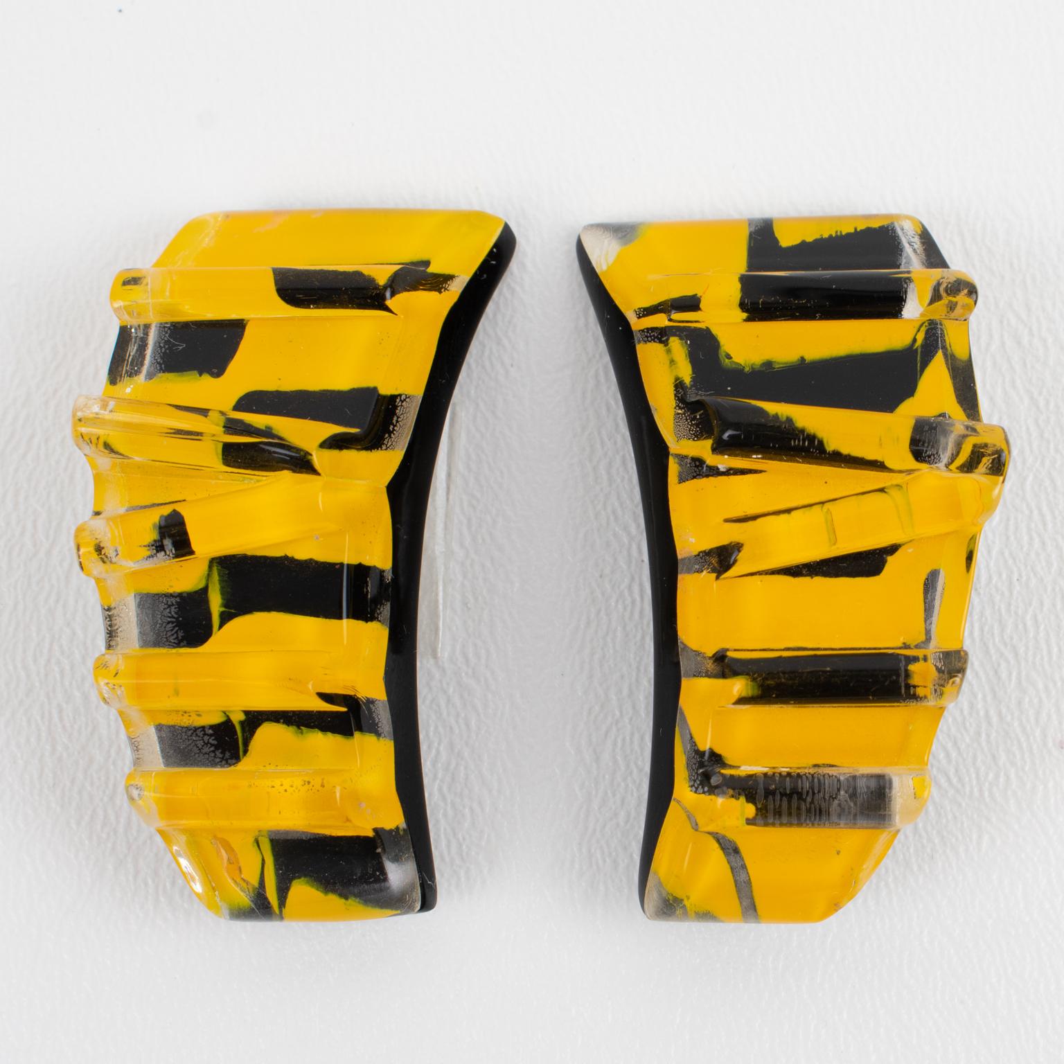 Kaso Yellow and Black Resin Carved Clip Earrings For Sale 2