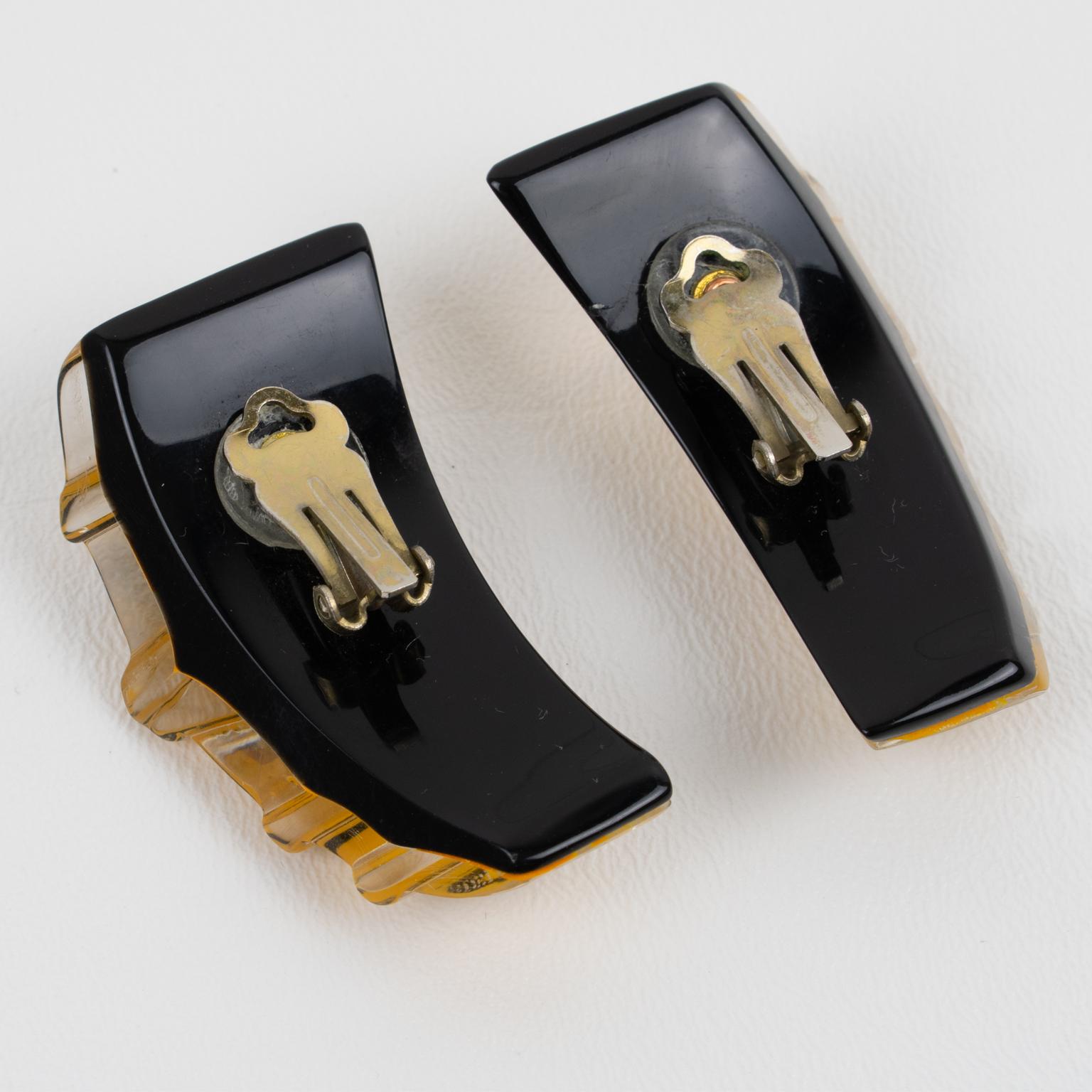 Kaso Yellow and Black Resin Carved Clip Earrings For Sale 3