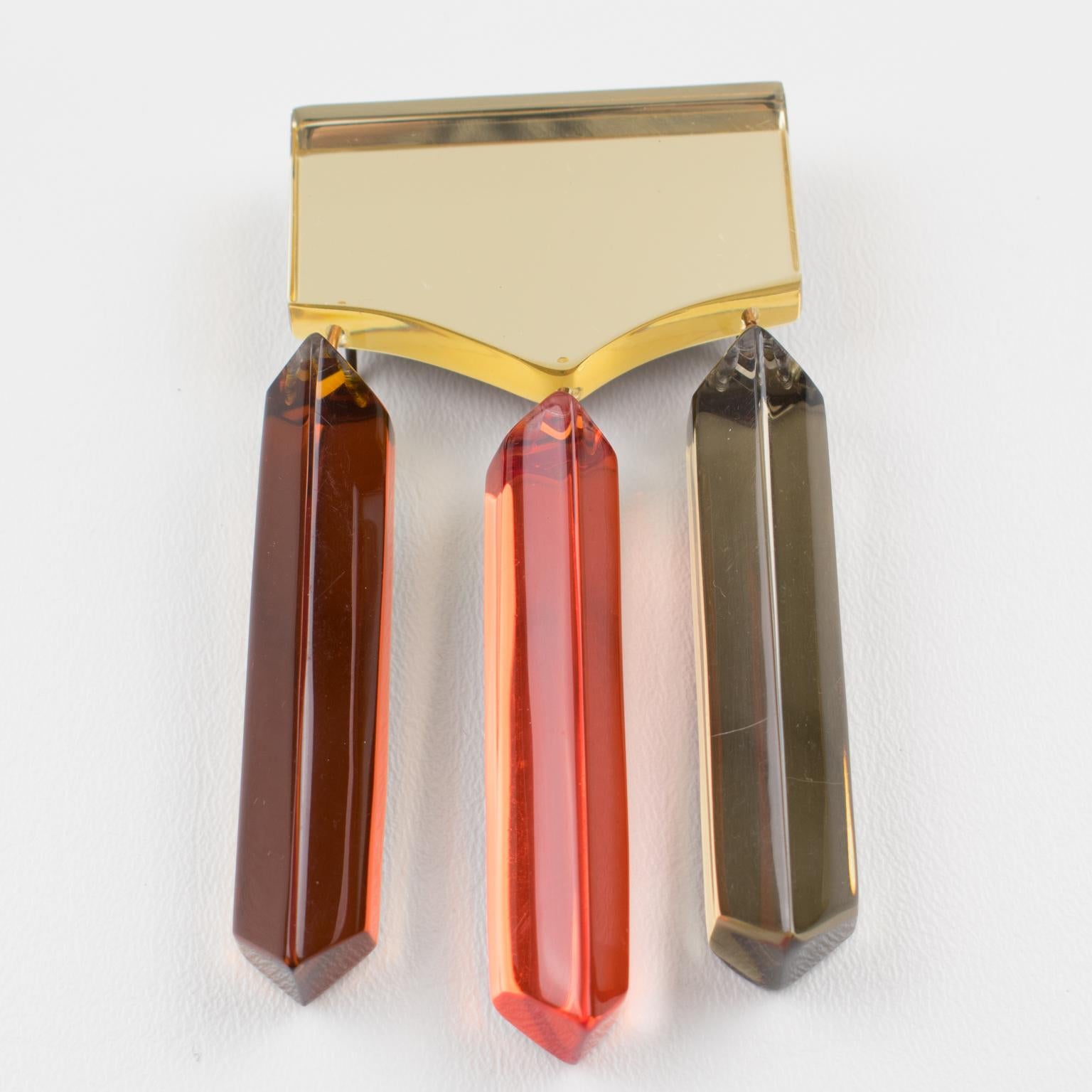 Women's or Men's Kaso Yellow, Orange and Brown Lucite Dangling Pin Brooch For Sale