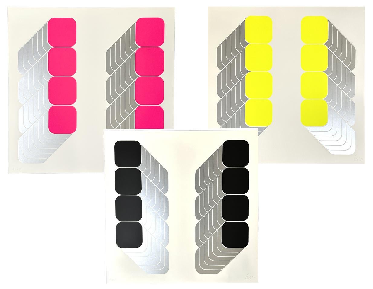 Name des Künstlers: Thomas (Kasper) Lenk
Titel: Reihe A B C  (Rosa, Gelb, Schwarz)
Jahr : 1971
Medium Typ: Siebdruck auf schwerem Papier
Größe-Breite  Größe-Höhe : 26½''  26½''
Unterzeichnet  Auflagenhöhe: Alle mit Bleistift signiert, datiert und