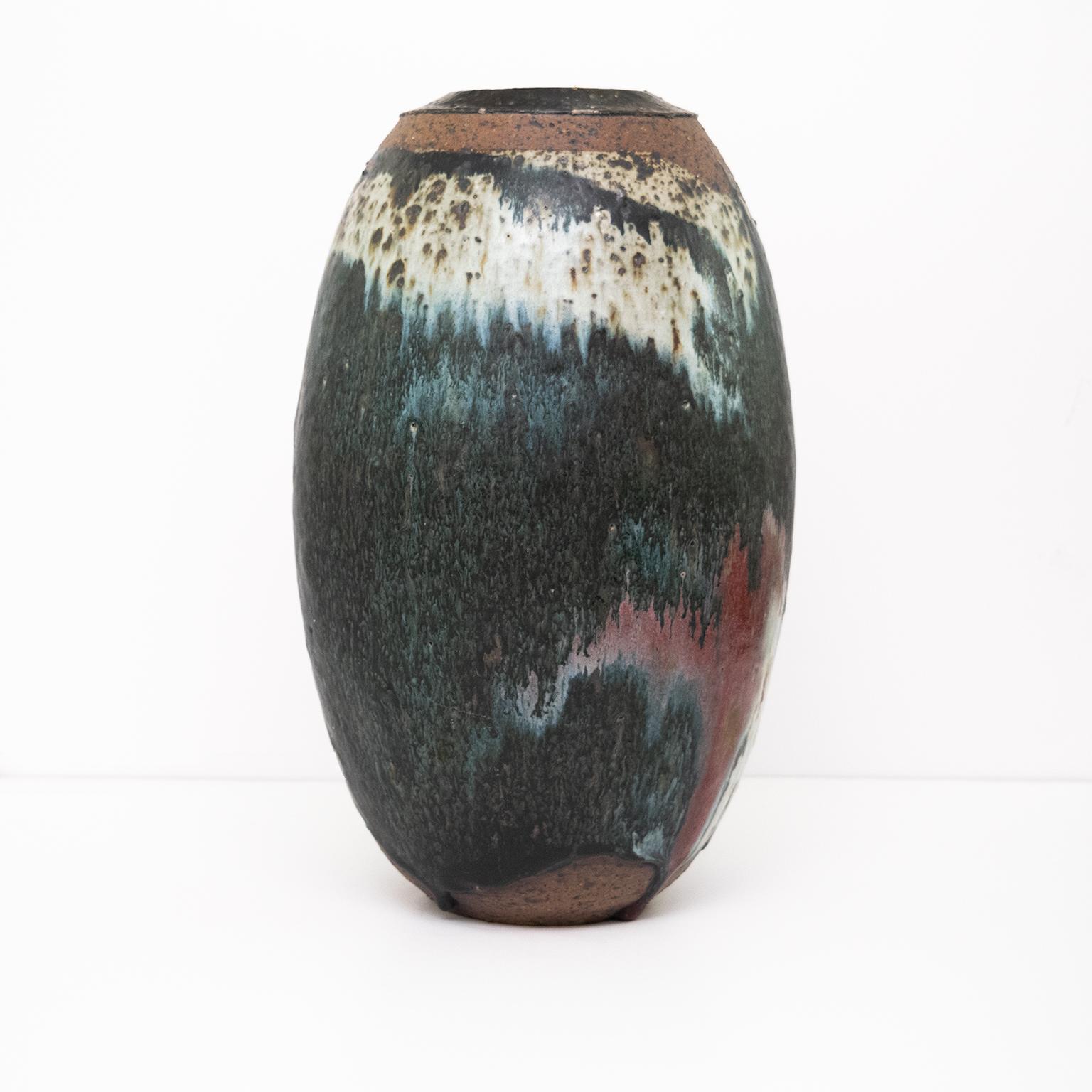 Kasseler School, Germany, Stoneware Vase Glazed in Black, Green, White and Red In Good Condition In New York, NY