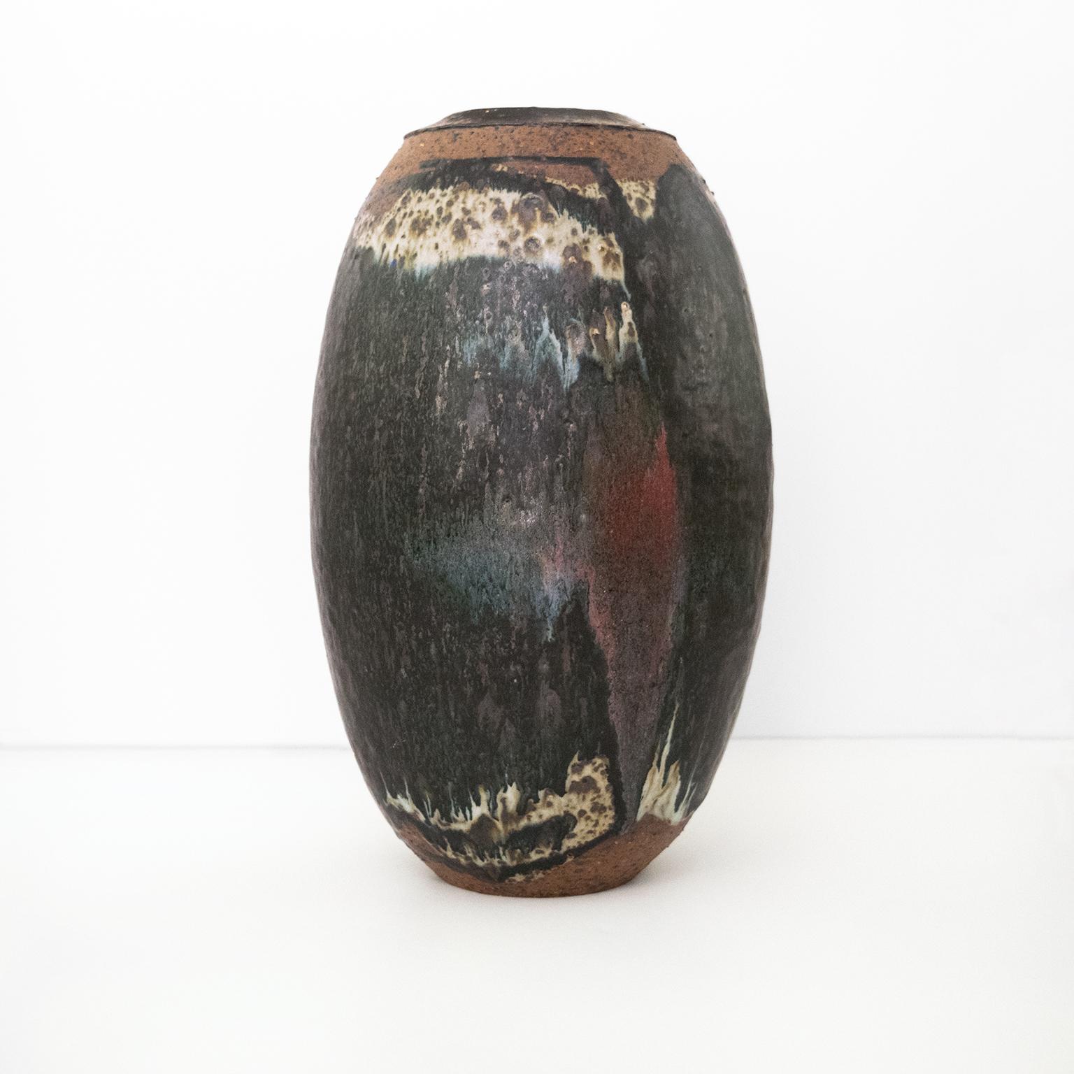 20th Century Kasseler School, Germany, Stoneware Vase Glazed in Black, Green, White and Red