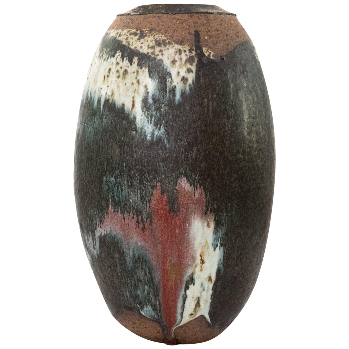 Kasseler School, Germany, Stoneware Vase Glazed in Black, Green, White and Red