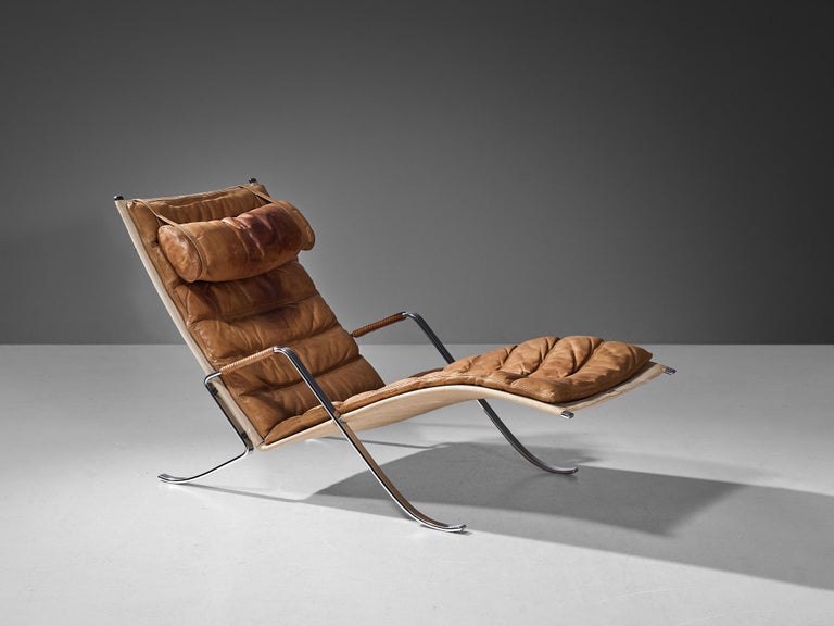 Jørgen Kastholm & Preben Fabricius for Kill Internationl, lounge chair, model FK87 'Grasshopper', leather, steel, Germany, 1968. 

This modern chaise longue is executed in steel and leather. The playful position of the steel feet that continue in