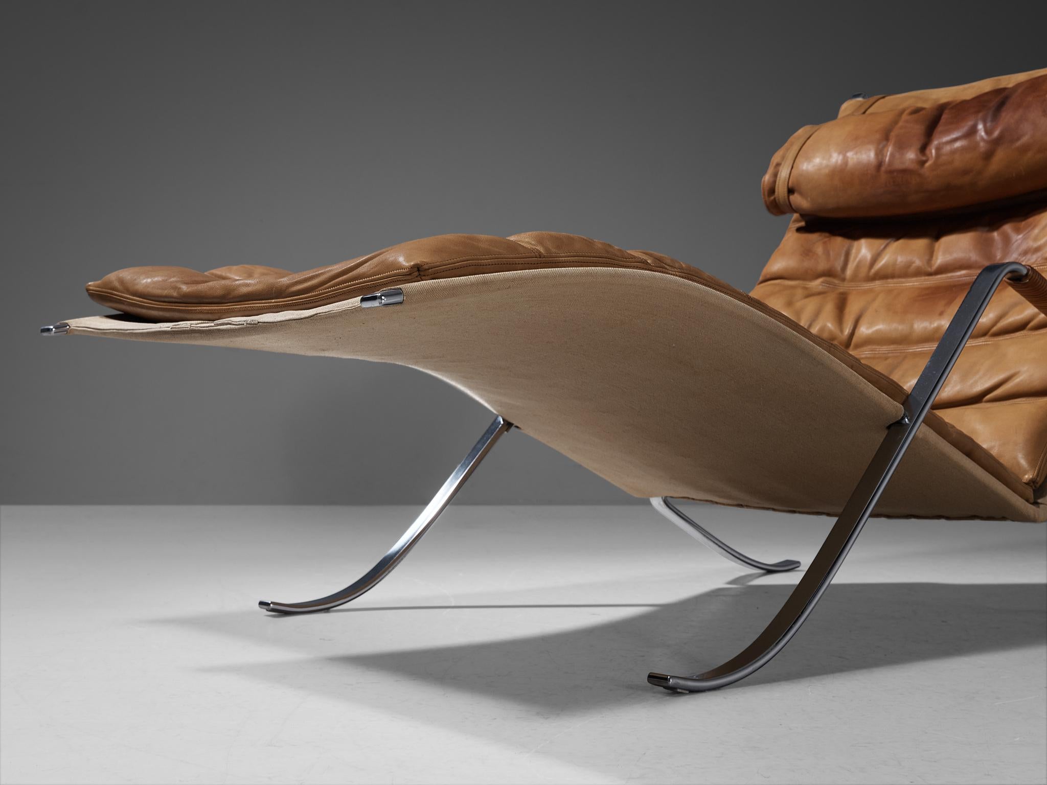 Steel Kastholm & Fabricius Early 'Grasshopper' Lounge Chair in Cognac Leather For Sale