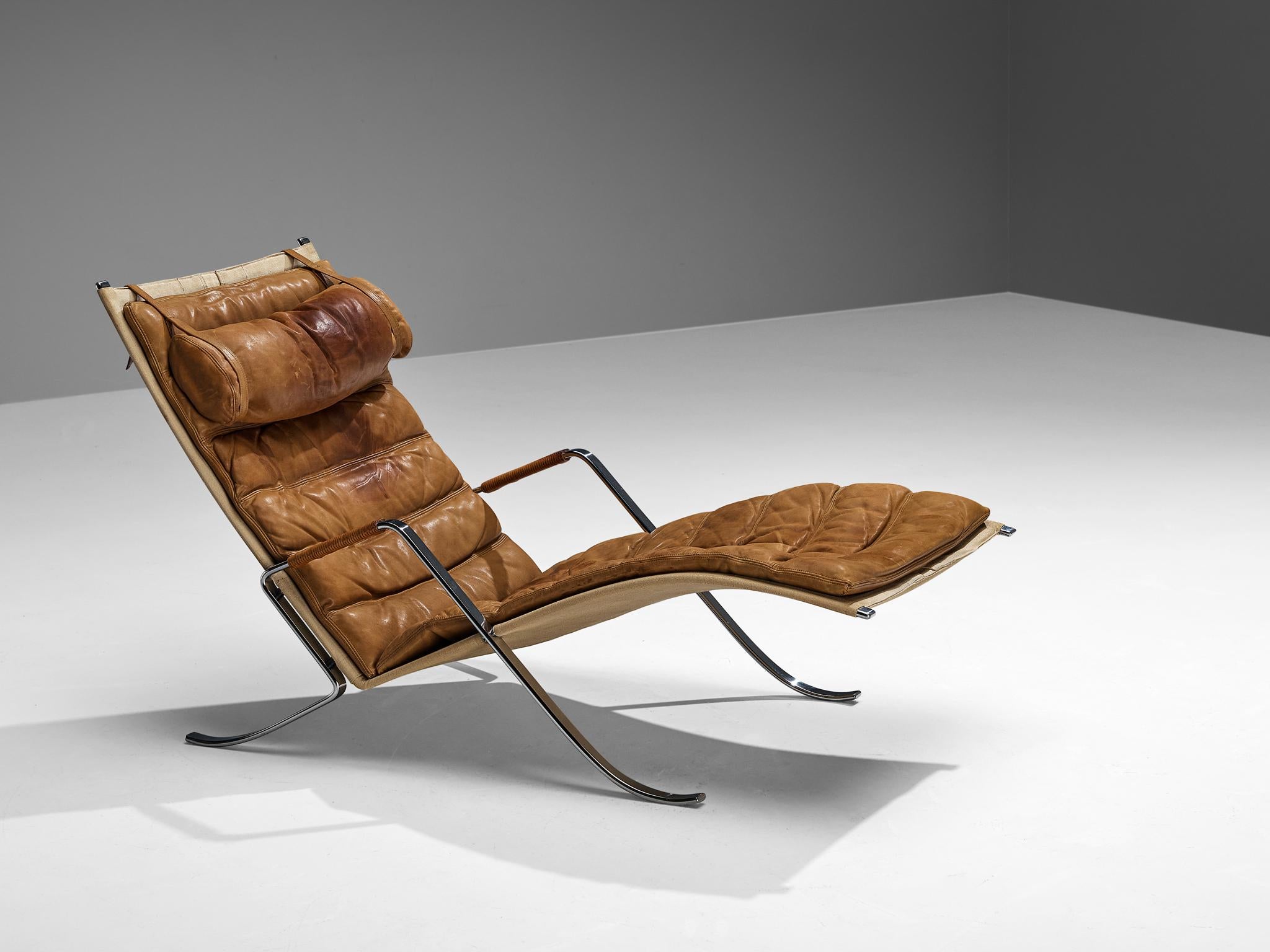 Steel Kastholm & Fabricius Early 'Grasshopper' Lounge Chair in Cognac Leather