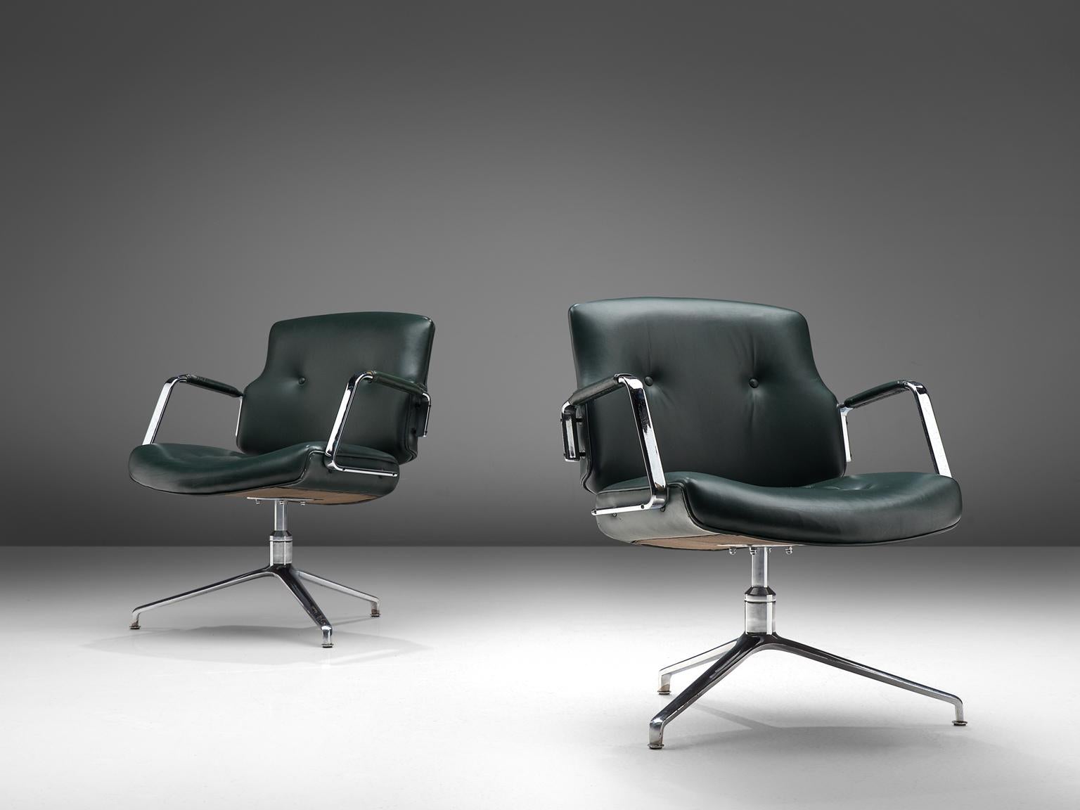 German Kastholm & Fabricius Pair of Classic Green Leather Conference Chairs