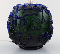 Kastrup / Holmegaard, Rare Round Table Lamp in Dark Green and Blue Art Glass