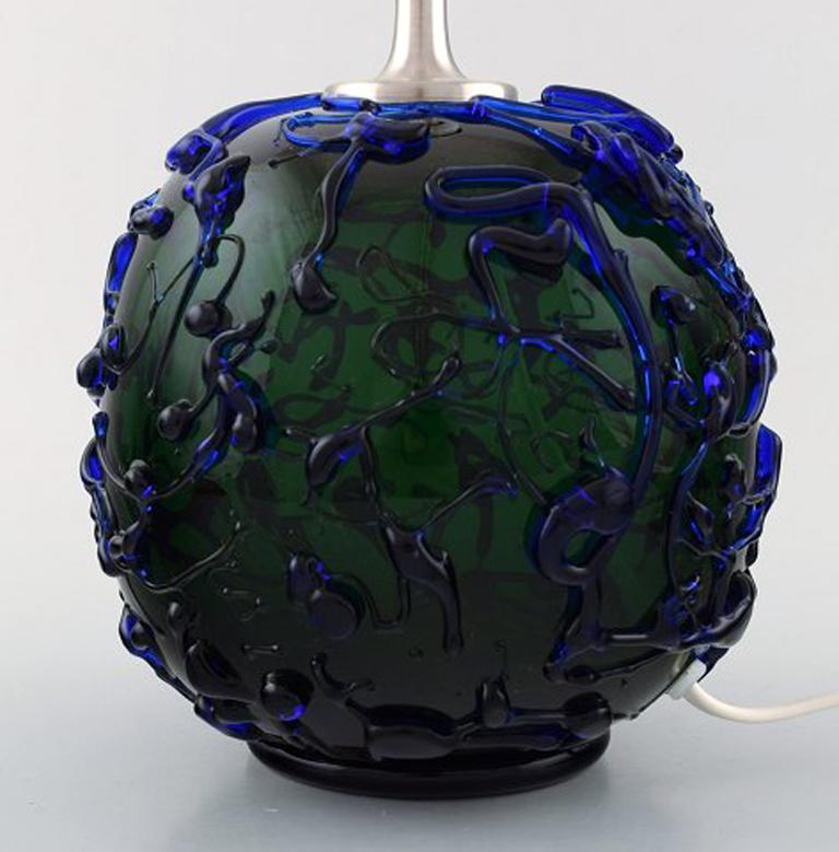 Kastrup / Holmegaard, seltene runde Tischlampe aus dunkelgrünem und blauem Kunstglas (Dänisch) im Angebot