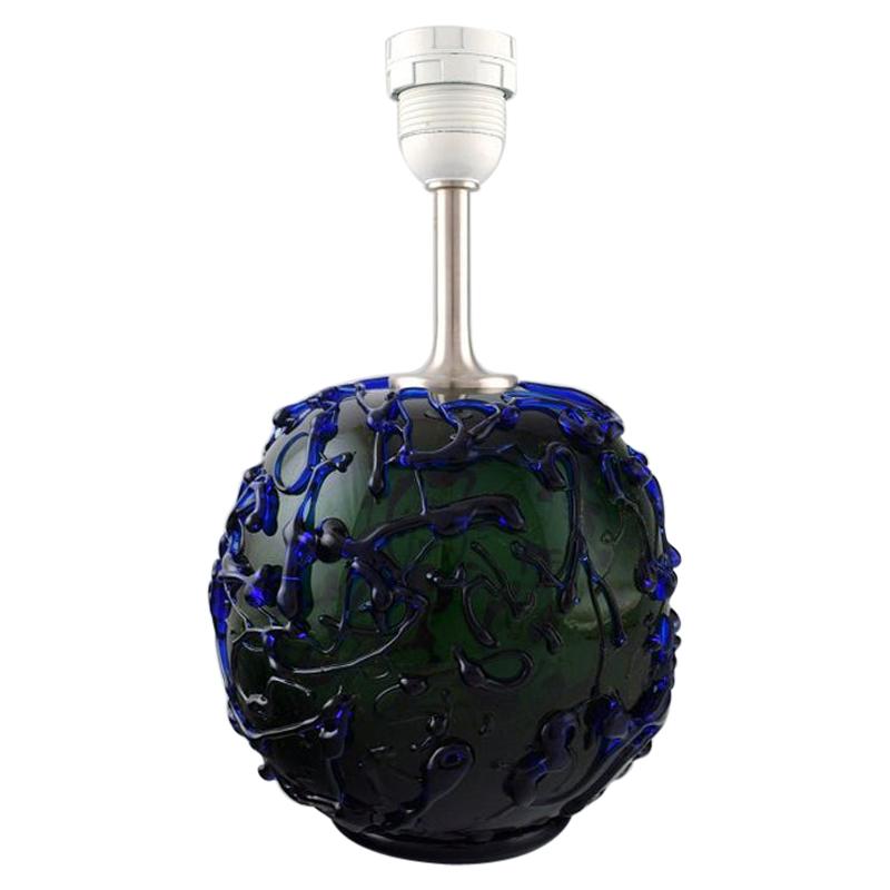 Kastrup / Holmegaard, seltene runde Tischlampe aus dunkelgrünem und blauem Kunstglas im Angebot