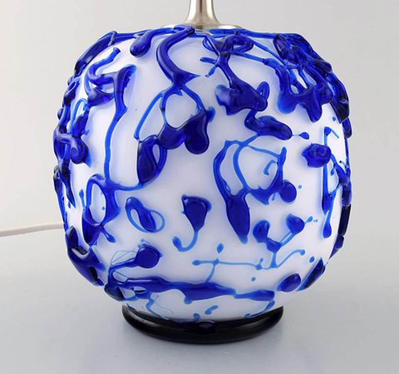 Danish Kastrup / Holmegaard, Rare Round Table Lamp in White and Blue Art Glass