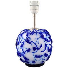 Kastrup / Holmegaard, Rare Round Table Lamp in White and Blue Art Glass