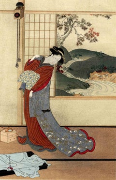 Courtesan in her chamber - Woodcut after Kastukawa Shunsho - Early 20th Century