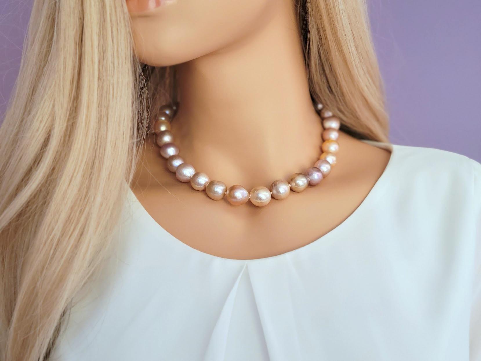 Kasumi-Like Metallic Golden And Pink Freshwater Pearl Necklace For Sale 1