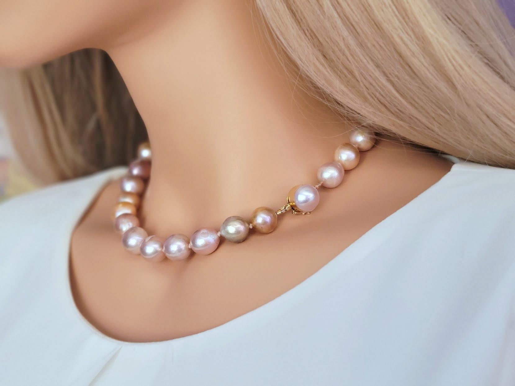 Kasumi-Like Metallic Golden And Pink Freshwater Pearl Necklace For Sale 3