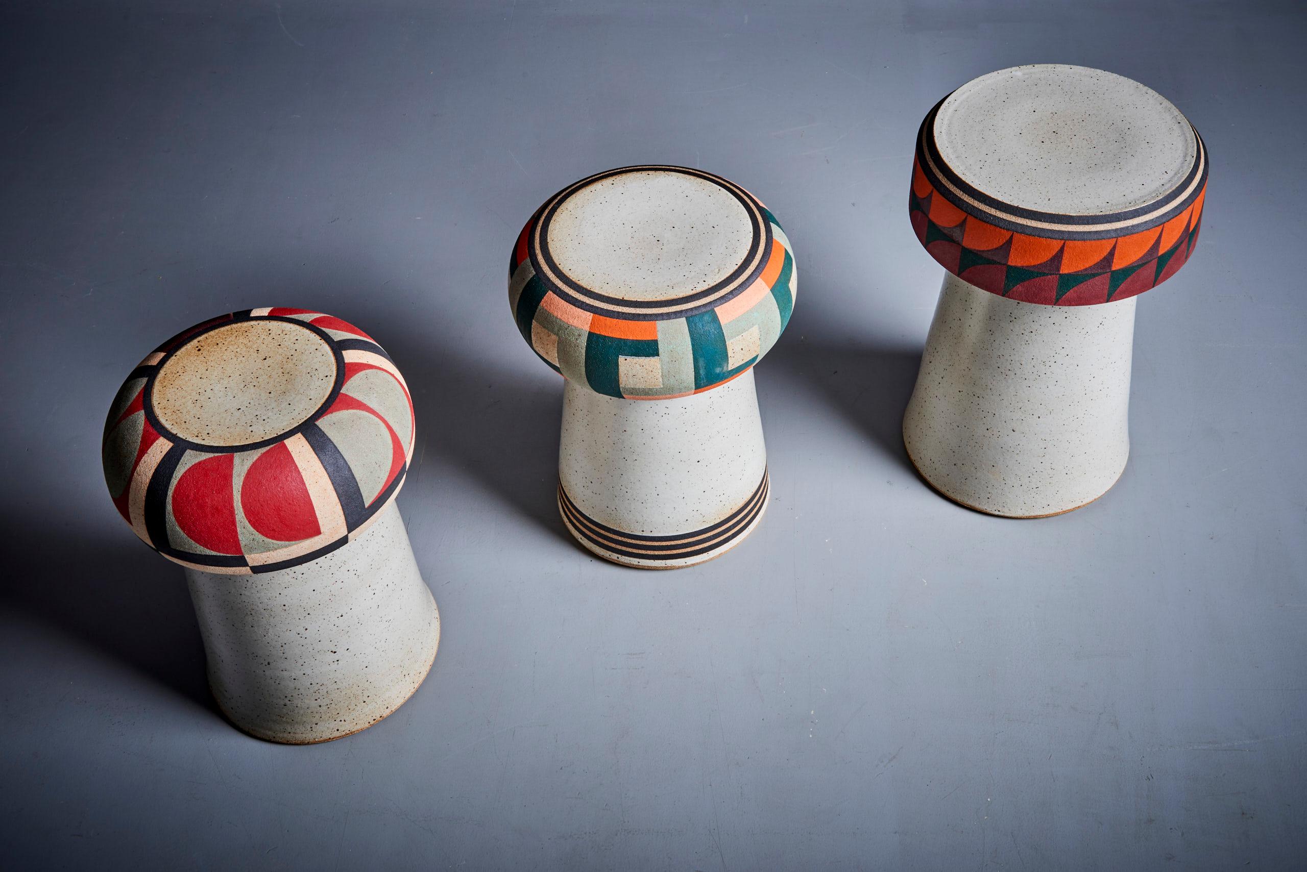 Kat and Roger Set of 3 hand-painted Studio ceramic stools For Sale 12