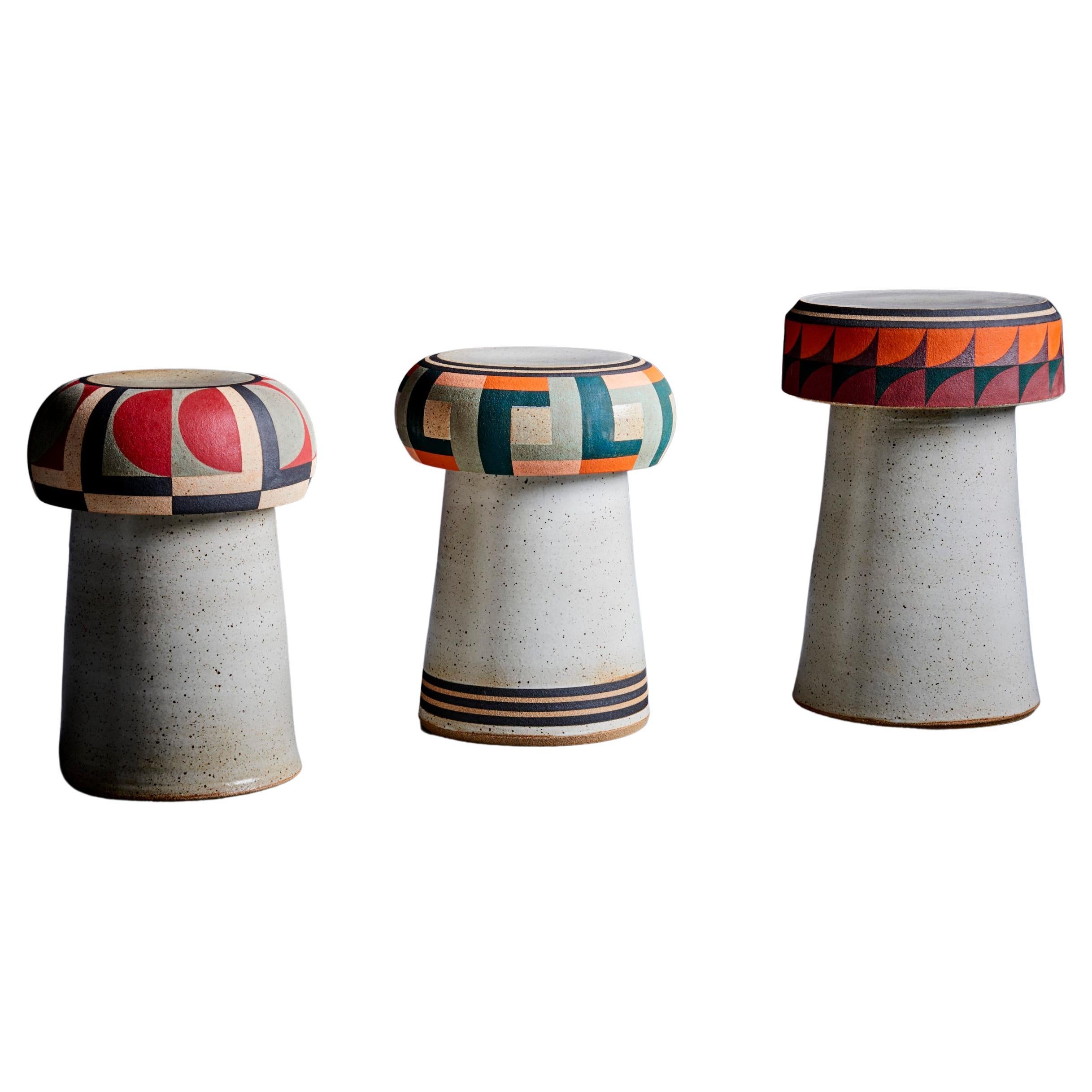 Kat and Roger Set of 3 hand-painted Studio ceramic stools For Sale