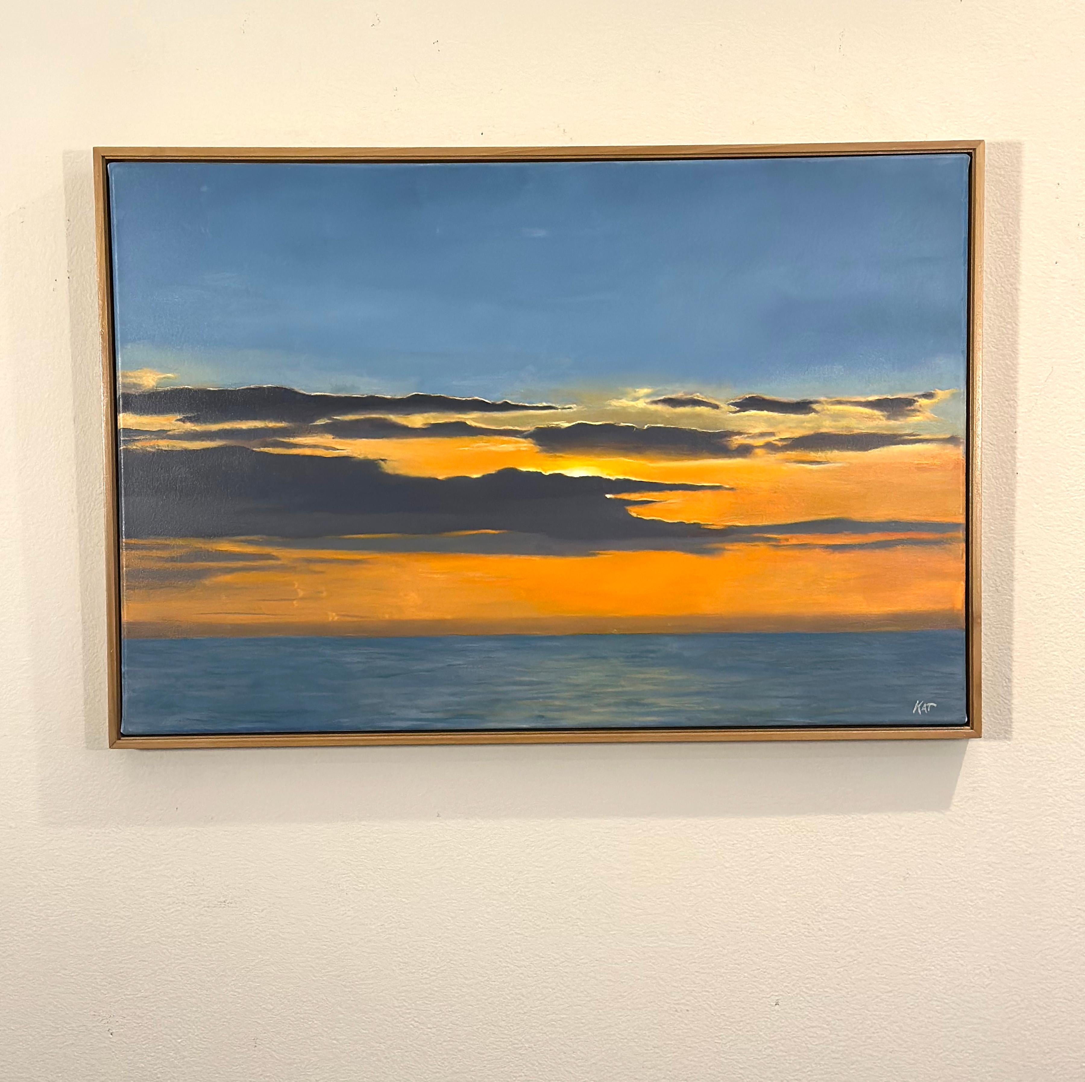 <p>Artist Comments<br>The warm colors of an August sunset spread across the vibrant Pacific sky. Gentle reflections dance on the calm ocean surface. The scene radiates a serene energy. The artwork comes with a hardwood floater