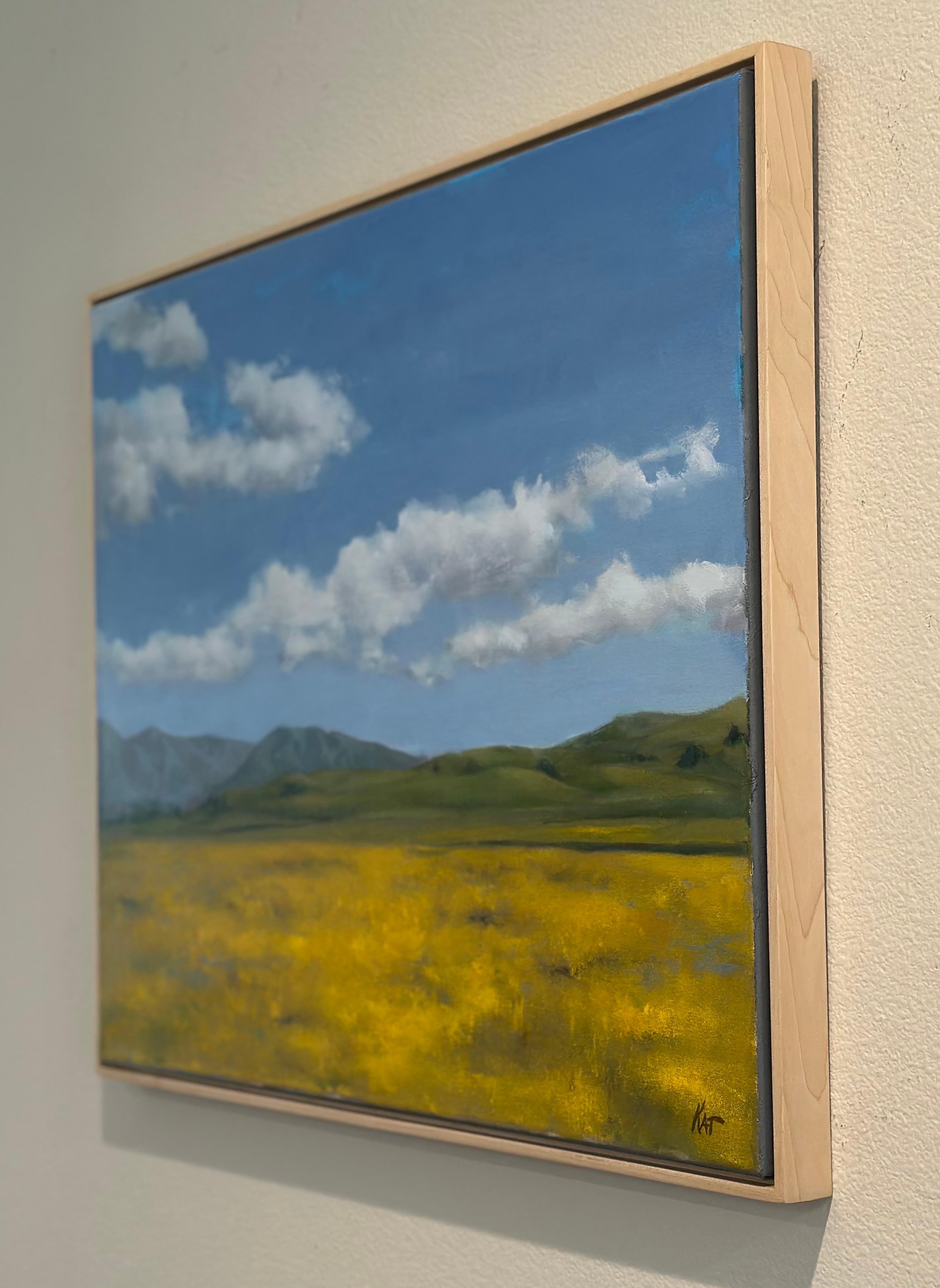 Spring Arrives in Hollister, Oil Painting - Blue Landscape Painting by Kat Bergman