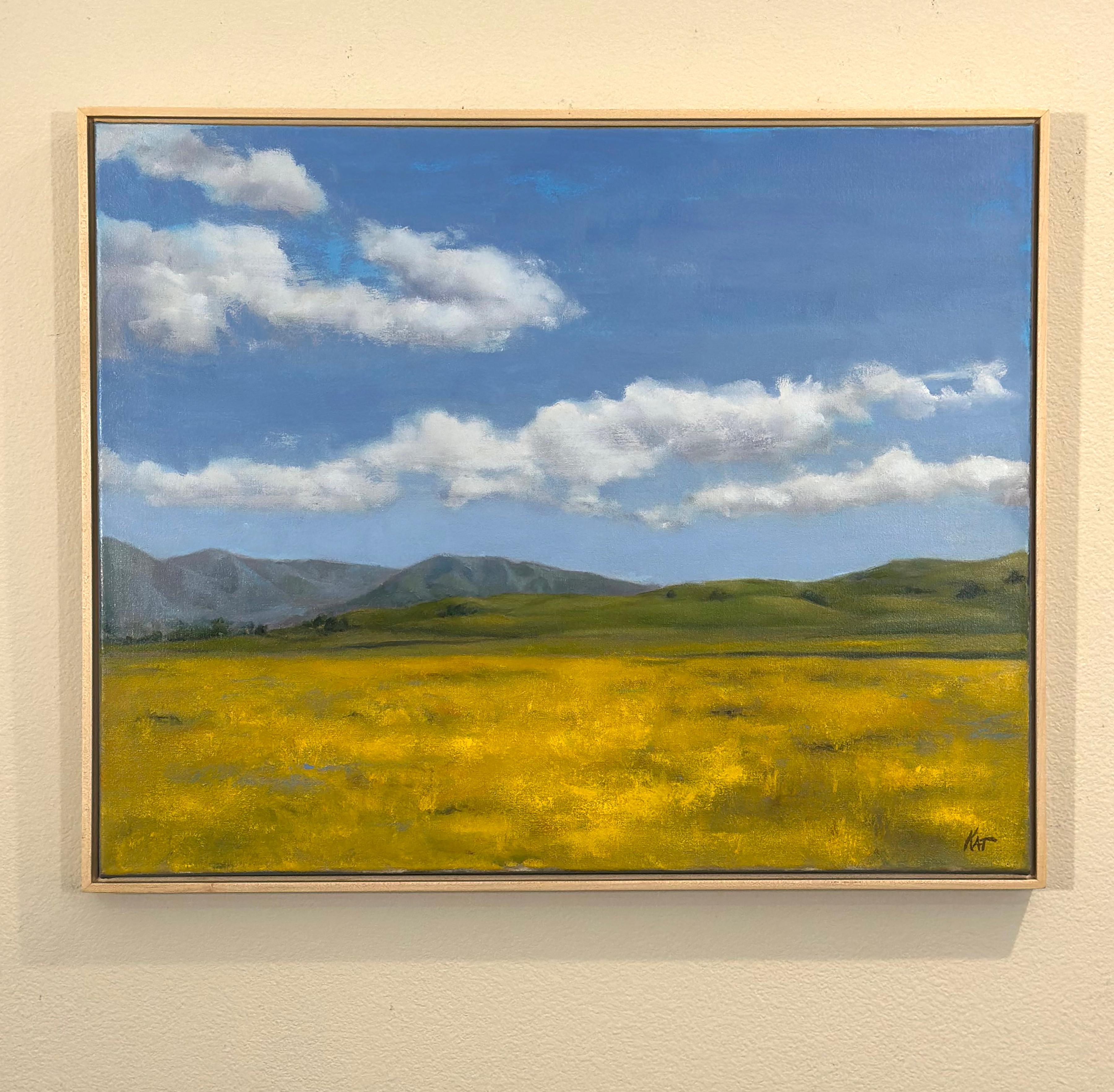 <p>Artist Comments<br>A stretch of yellow mustard fields contrasts beautifully with the bright blue sky. Fluffy clouds drift overhead, adding depth and movement to the scene. The painting captures the essence of a perfect first day of spring in