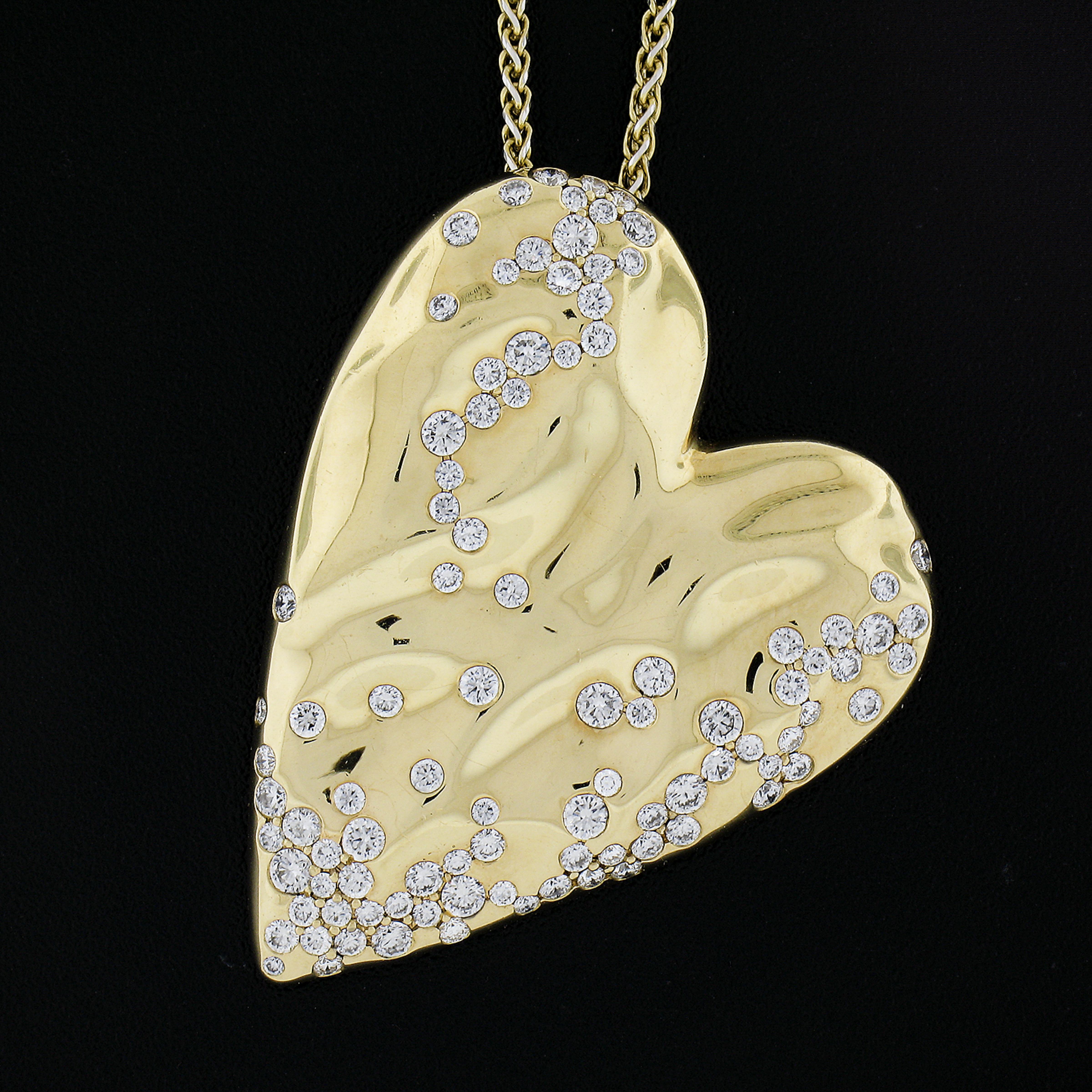 Kat Florence 18k Gold 1.41ctw Diamond Heart Pendant on Adjustable Wheat Link In Excellent Condition For Sale In Montclair, NJ