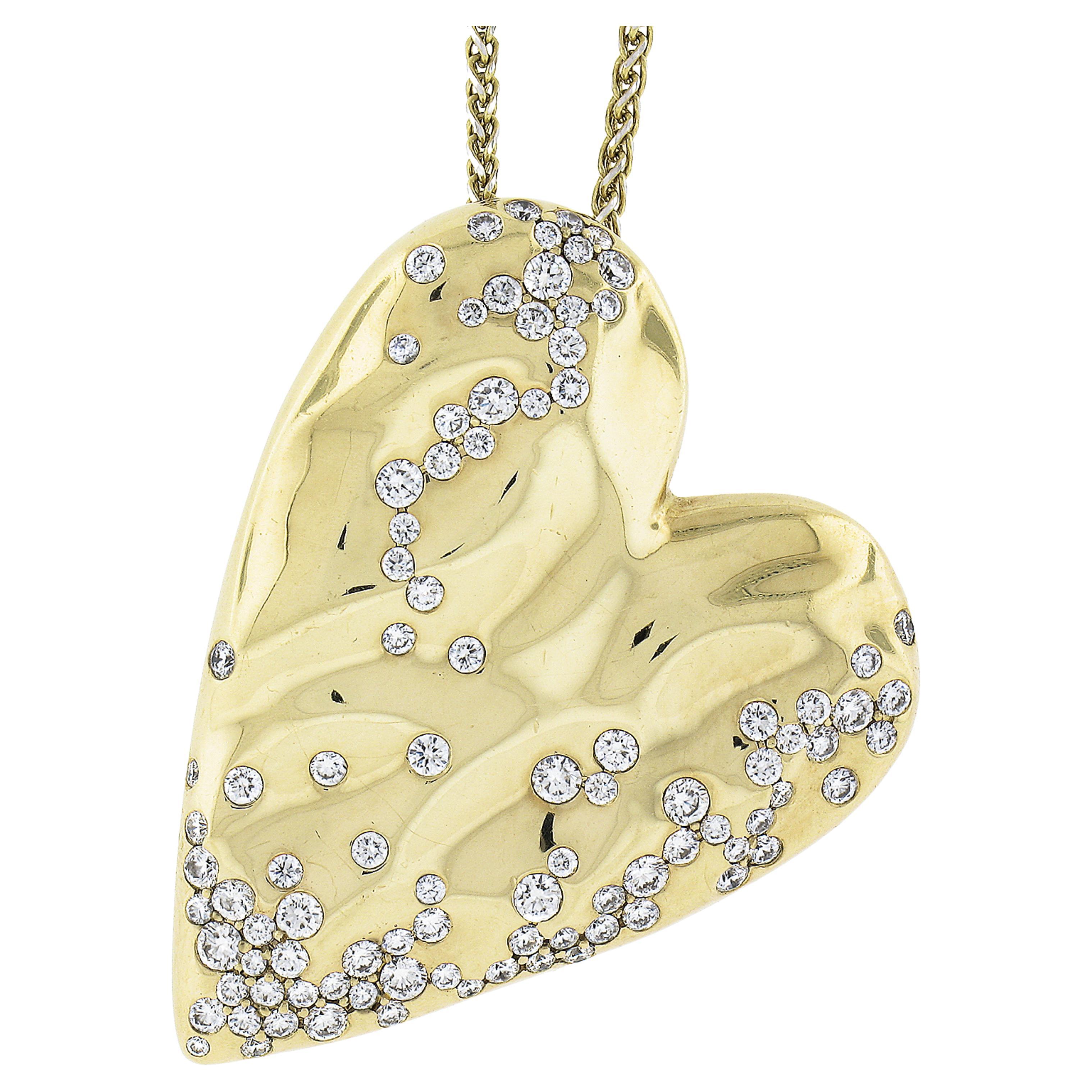 Kat Florence 18k Gold 1.41ctw Diamond Heart Pendant on Adjustable Wheat Link For Sale