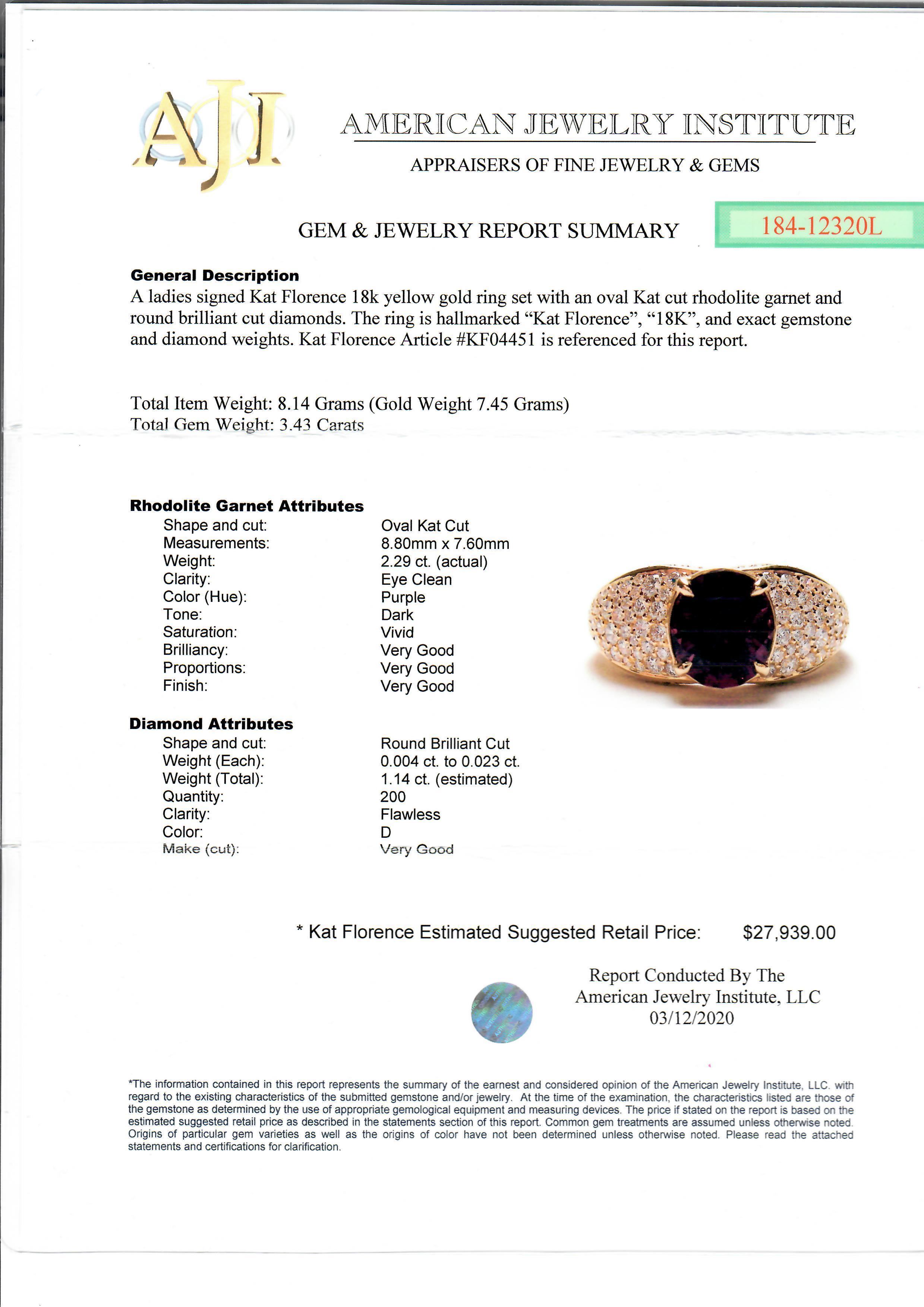 Kat Florence 18k Gold 3.43ctw Magenta Garnet D FL Diamond Solitaire Ring In Excellent Condition In Montclair, NJ